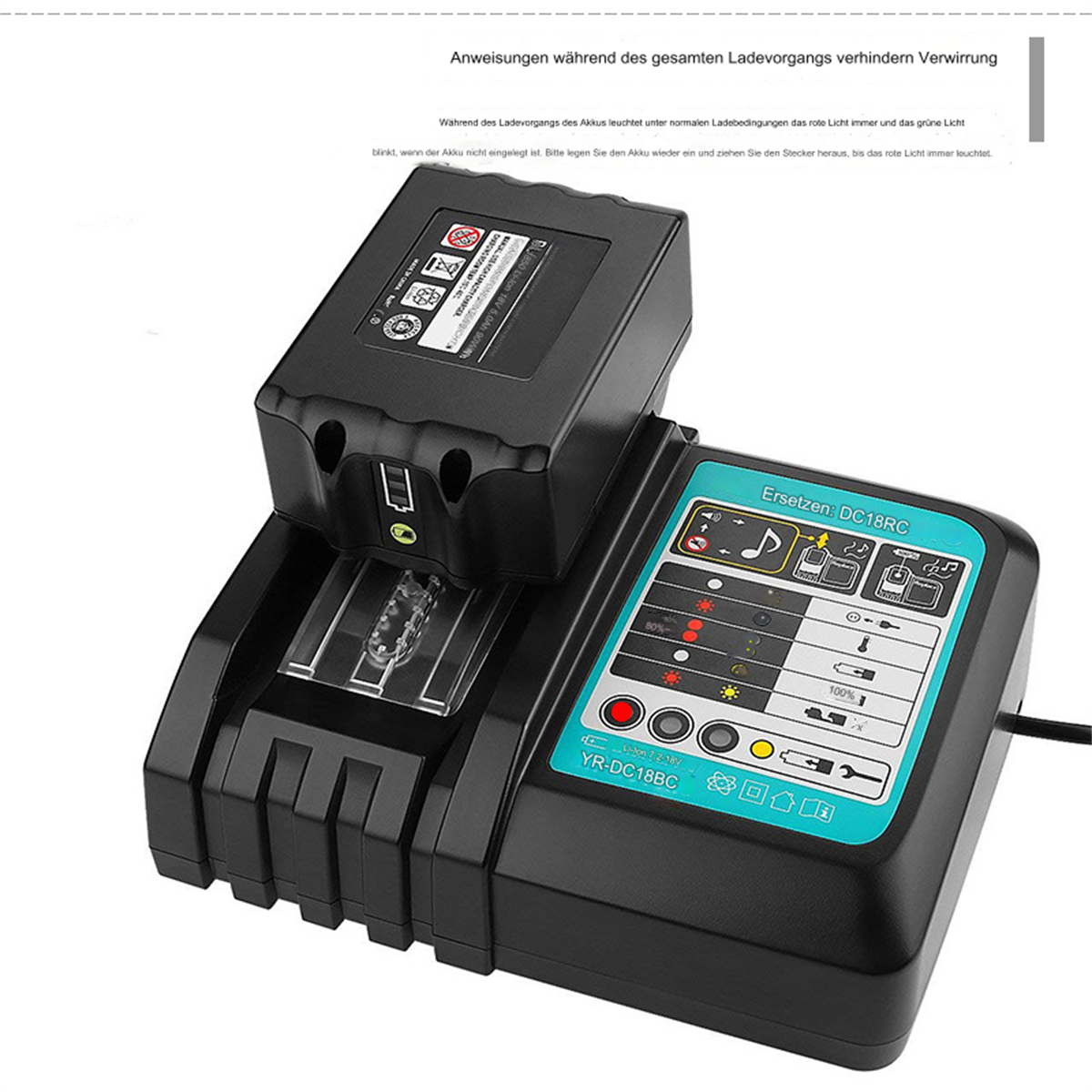 Ein schwarzes und grünes Batterieladegerät mit Akku und Ladezustandsanzeigen.