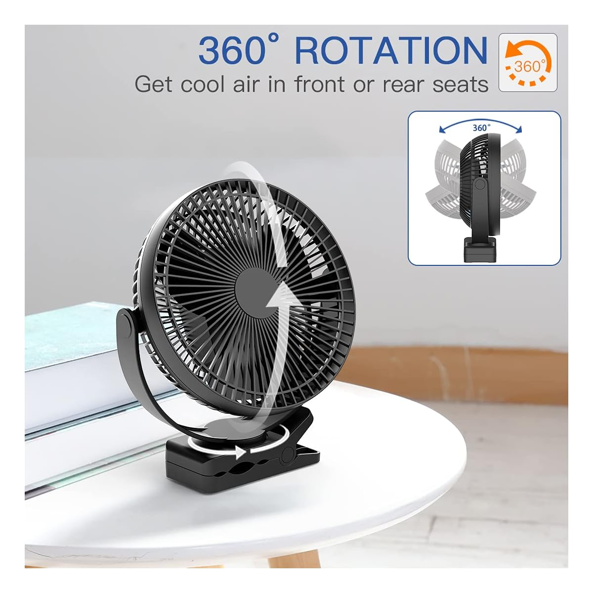 Schwarzer Ventilator mit Clip, auf weißem Tisch. Pfeile zeigen 360° Drehung an. Text: 360° ROTATION.