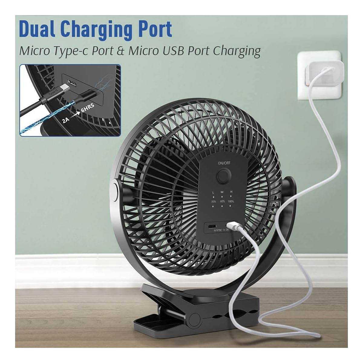 Schwarzer Ventilator mit Clip. USB-Kabel ist angeschlossen. Hat Ein/Aus- und Geschwindigkeitsregler.
