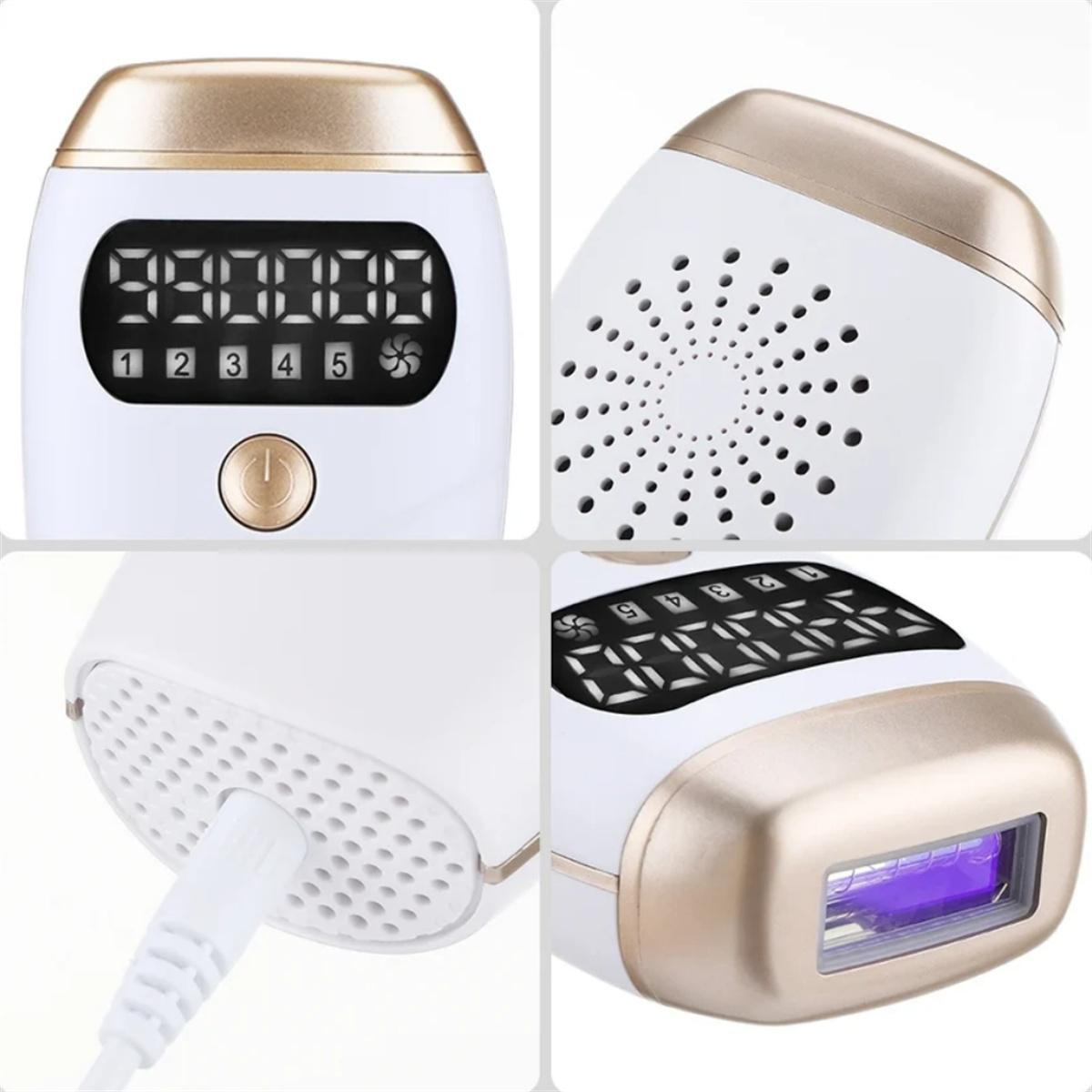 Weißes und goldenes Laser-Haarentfernungsgerät. Digitalanzeige und mehrere Köpfe.