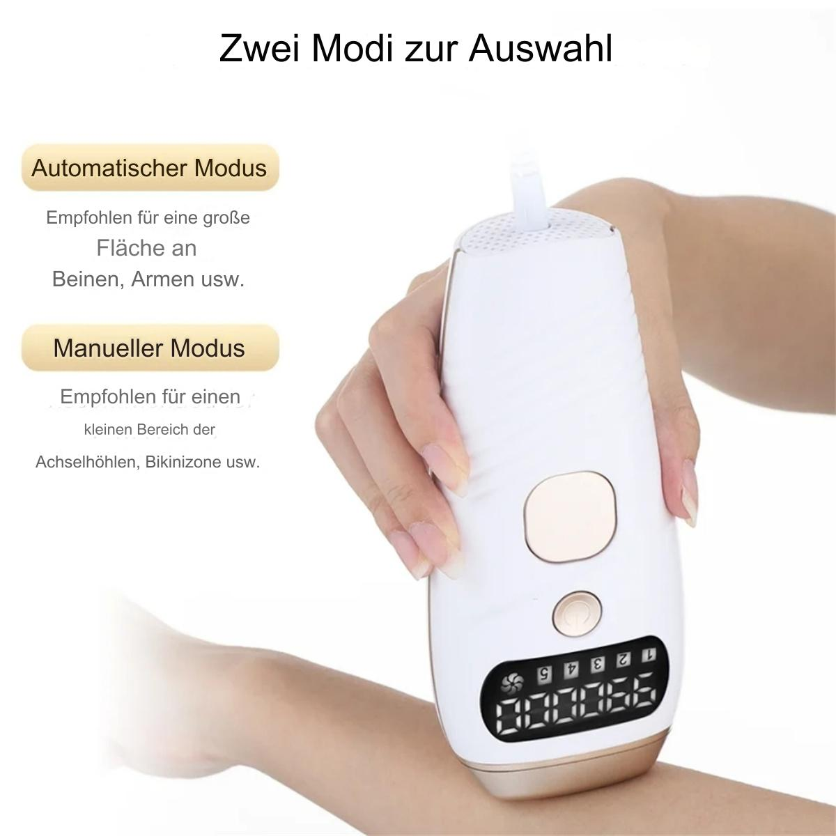 Ein weißes Haarentfernungsgerät mit Digitalanzeige. Text auf Deutsch erklärt die Anwendungsmodi.