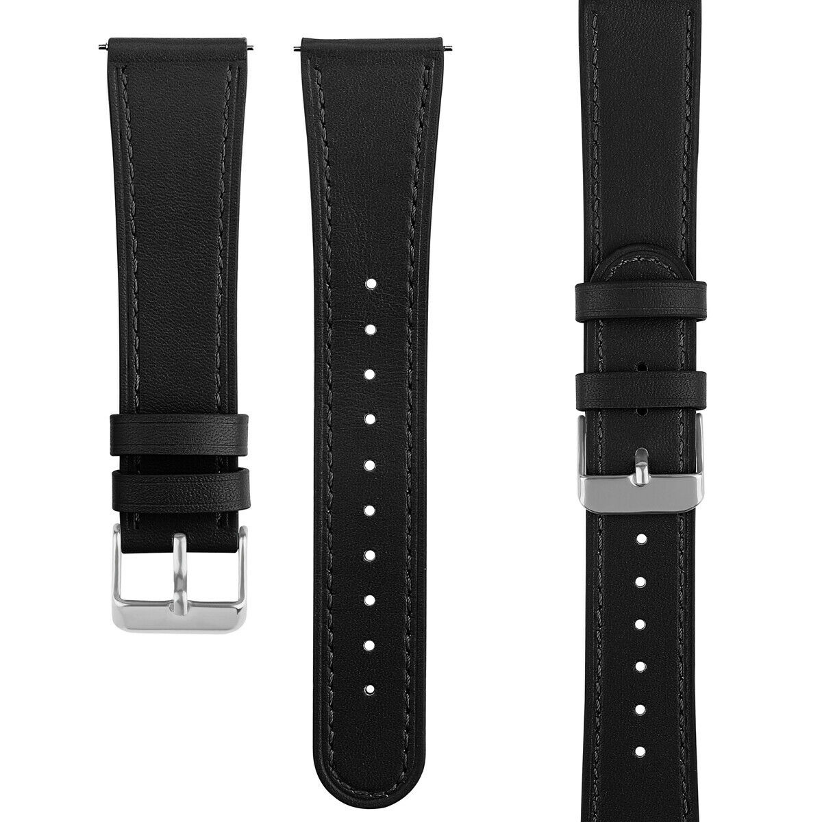 Schwarze Uhrenarmbänder mit silbernen Schnallen liegen auf einer weißen Oberfläche.