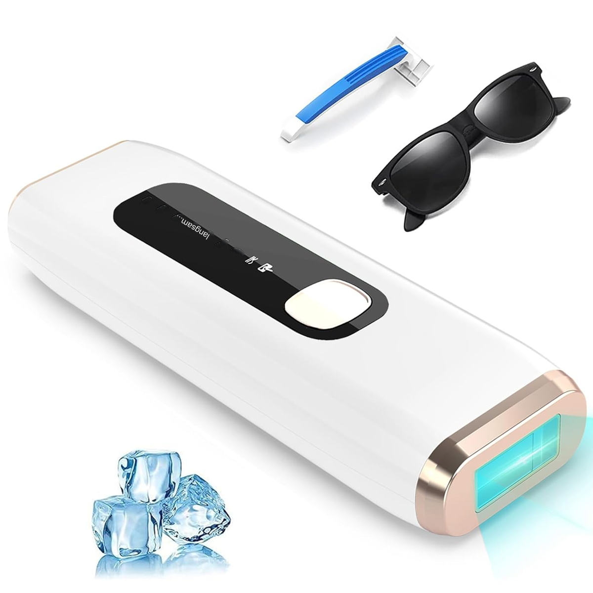 Weißes Laser-Haarentfernungsgerät mit Rasierer und Sonnenbrille obenauf.