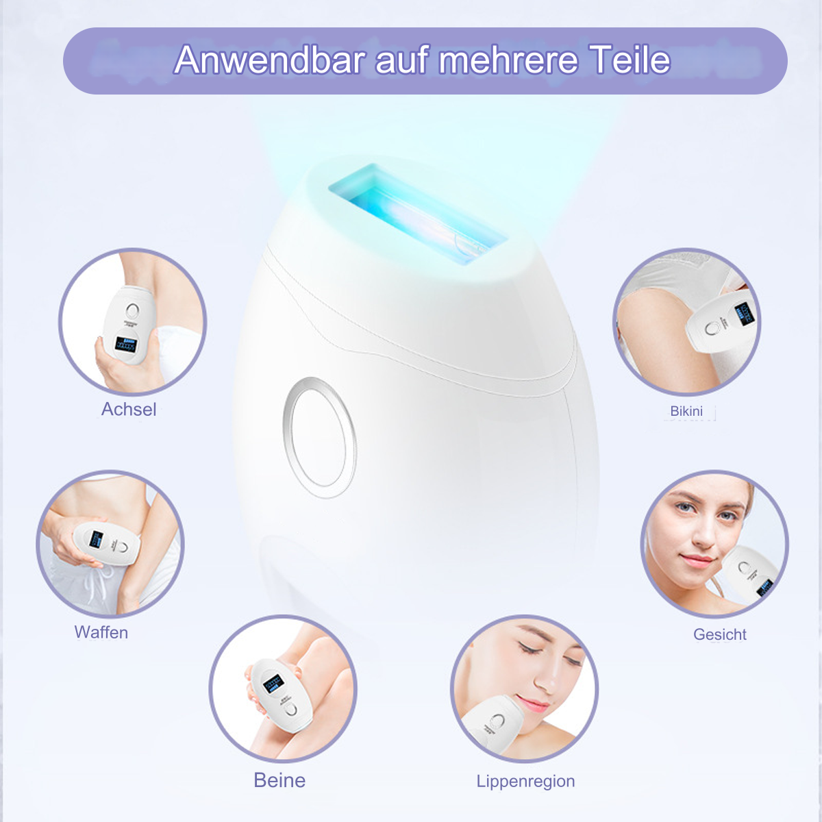 Weißes IPL-Haarentfernungsgerät mit Diagrammen, die Anwendungsbereiche zeigen.