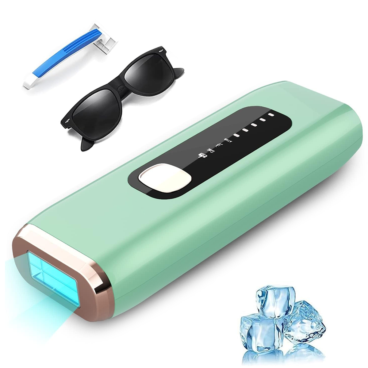 Minzgrünes Haarentfernungsgerät mit Zubehör: Sonnenbrille und blauer Rasierer. Eiswürfel im Rahmen.
