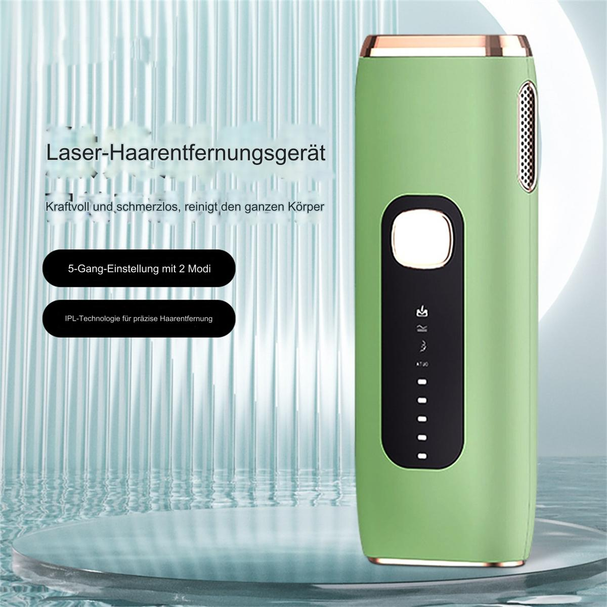 Grünes Laser-Haarentfernungsgerät. Knöpfe und Lichter werden zusammen mit Text auf Deutsch angezeigt.
