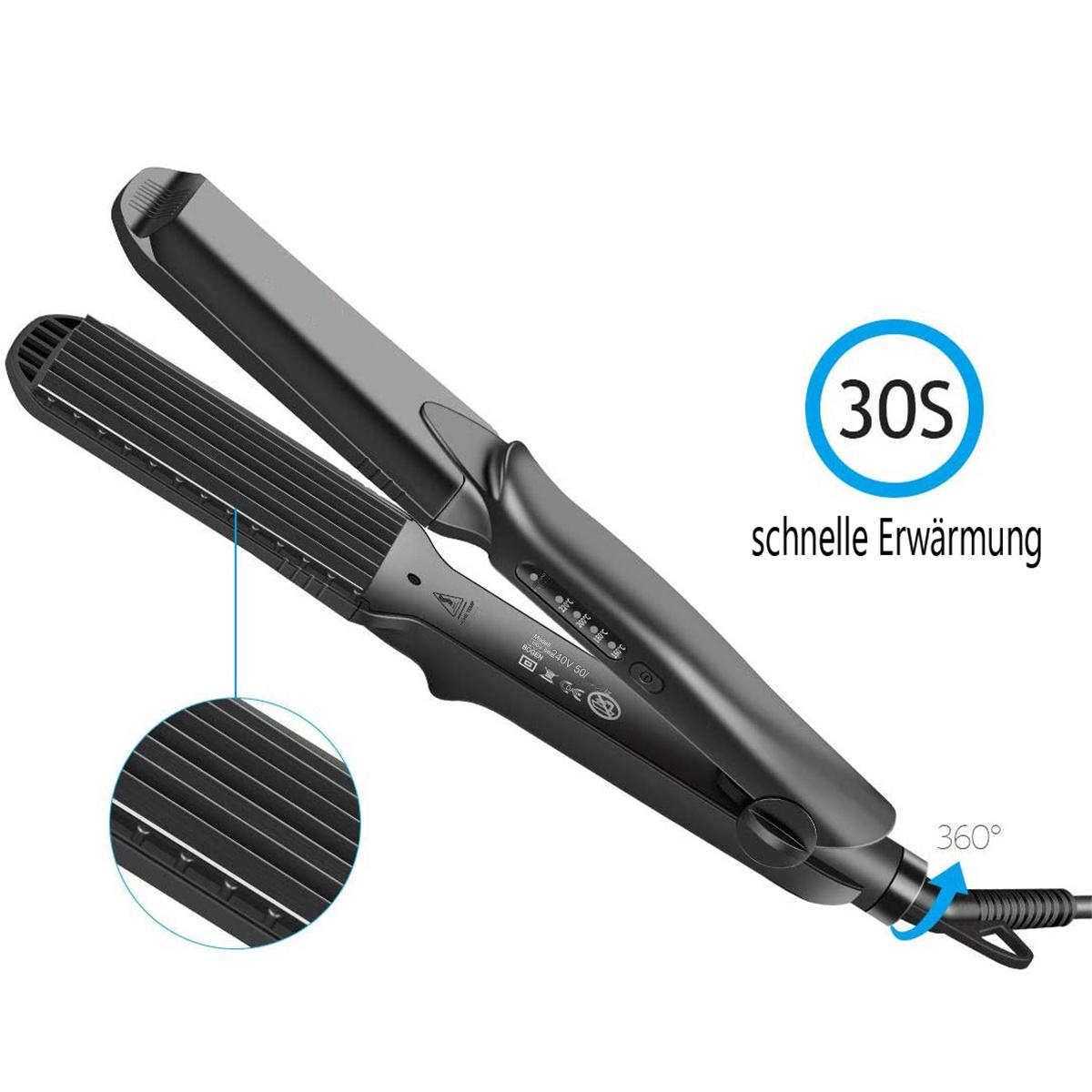 Schwarzer Haarglätter mit geschwungenem Design, mit mehreren Einstellungen. Der Glätter ist geöffnet.