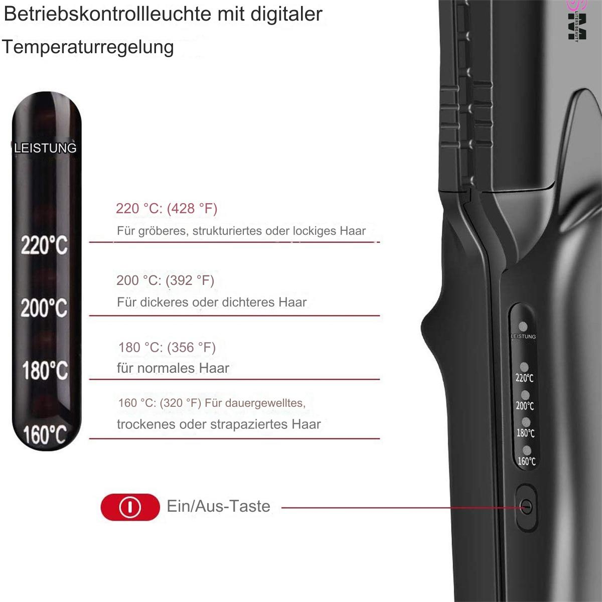 Schwarzer Haarglätter mit Temperatureinstellungen an der Seite, Text auf Deutsch.