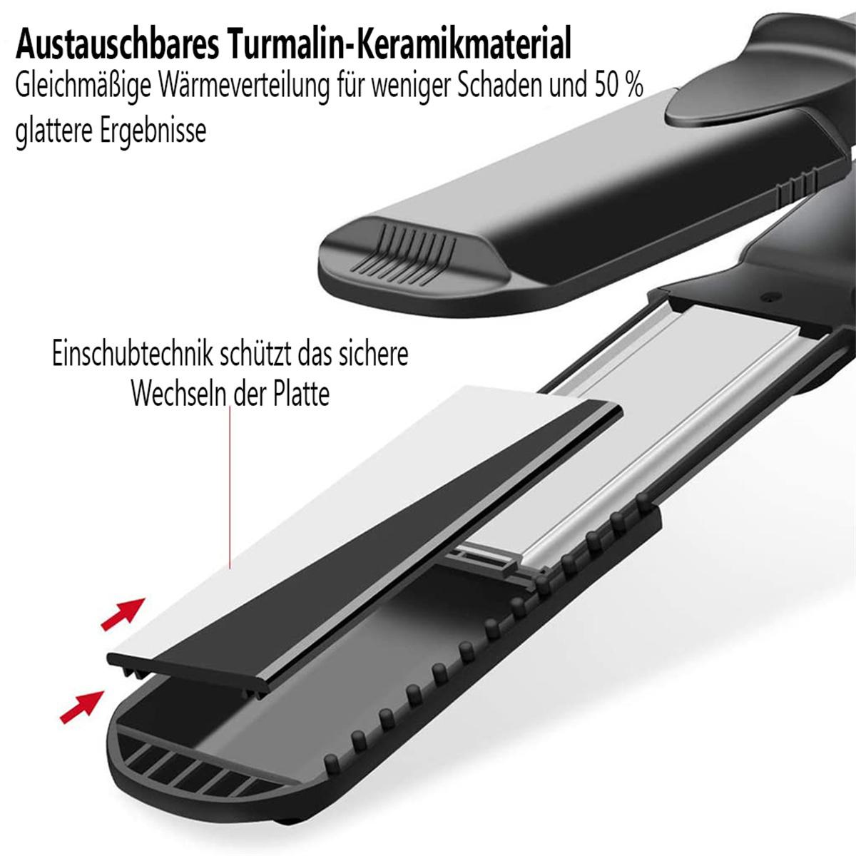 Komponenten eines Haarglätters, die den Zusammenbau der Platte zeigen. Pfeile zeigen das Einschieben der Platte in den Körper an.
