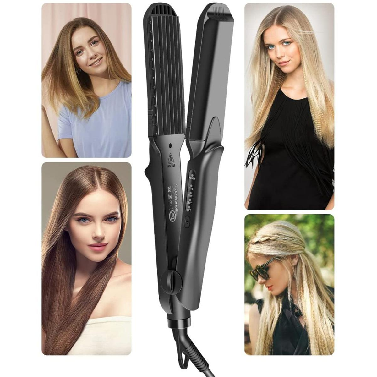 Ein schwarzes Haarkreppeisen und mehrere Beispiele für Frisuren mit Kreppeisen.