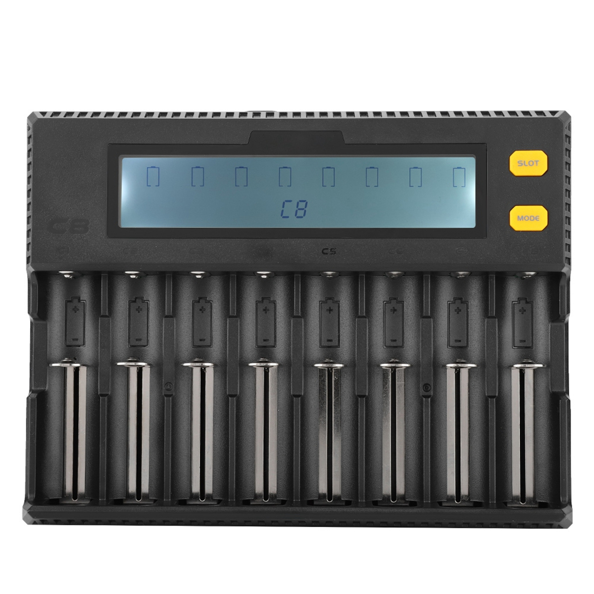 Schwarzes Batterieladegerät mit Display, das Akkufächer und Ladestatus anzeigt.