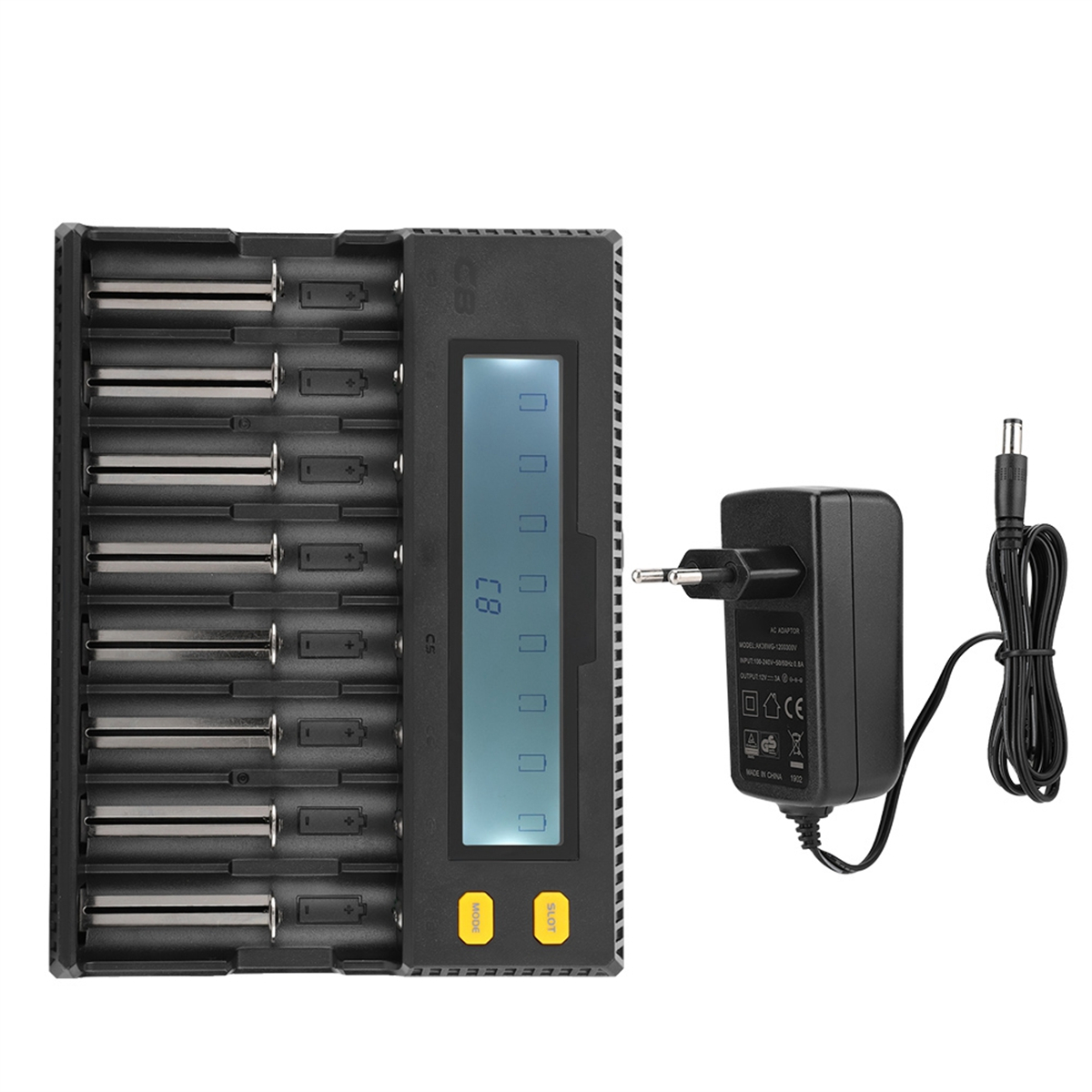 Ein schwarzes Batterieladegerät mit mehreren Schlitzen, einem Display und einem schwarzen Netzteil.