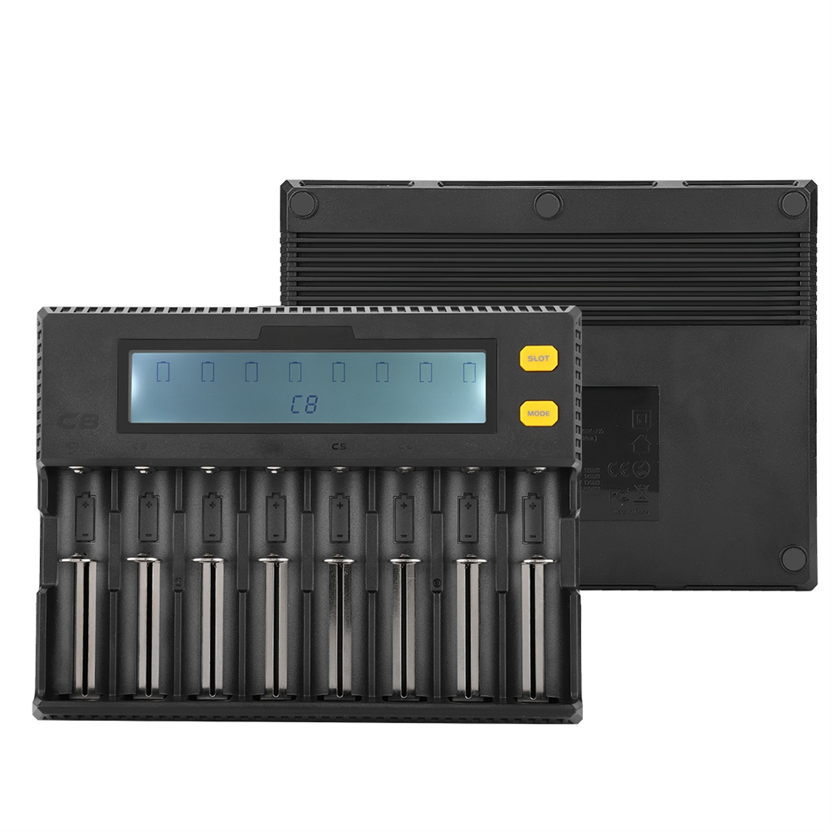 Ein schwarzes Batterieladegerät mit mehreren Steckplätzen und einem LCD-Display. Die Rückansicht wird ebenfalls gezeigt.