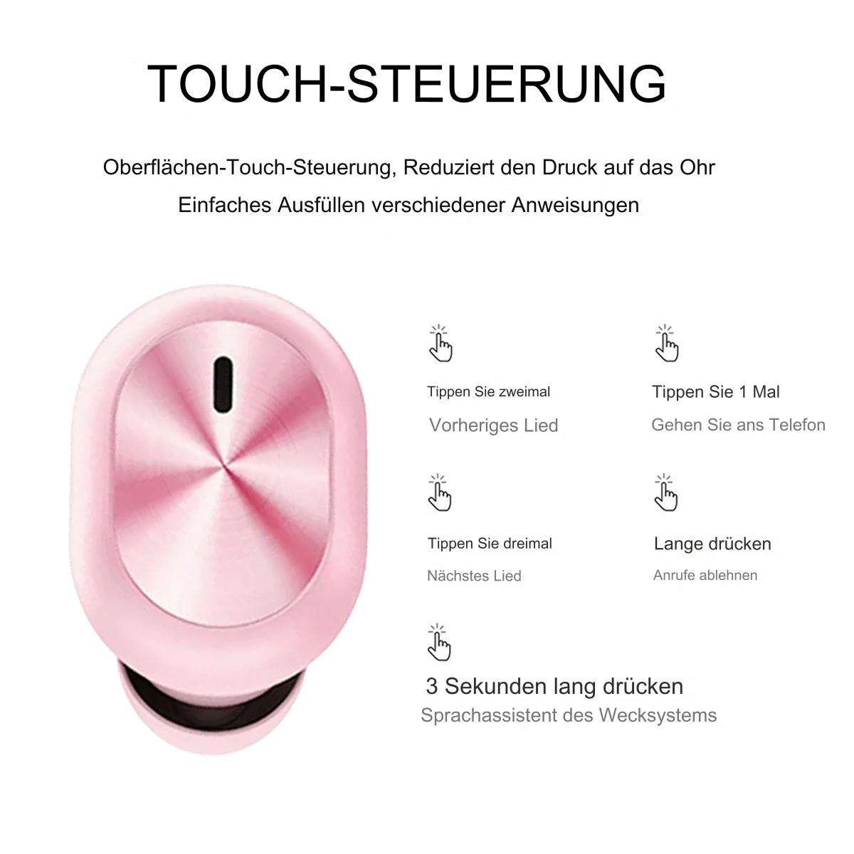 Rosafarbener kabelloser Ohrhörer mit Touch-Steuerung, umgeben von Text, weißer Hintergrund.