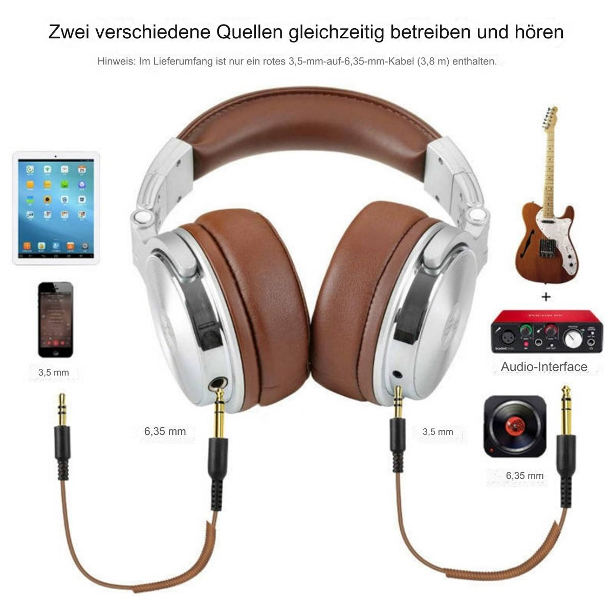 Kopfhörer, Kabel und Audiogeräte. Enthält ein Tablet, Telefon und Gitarre. Weißer Hintergrund.