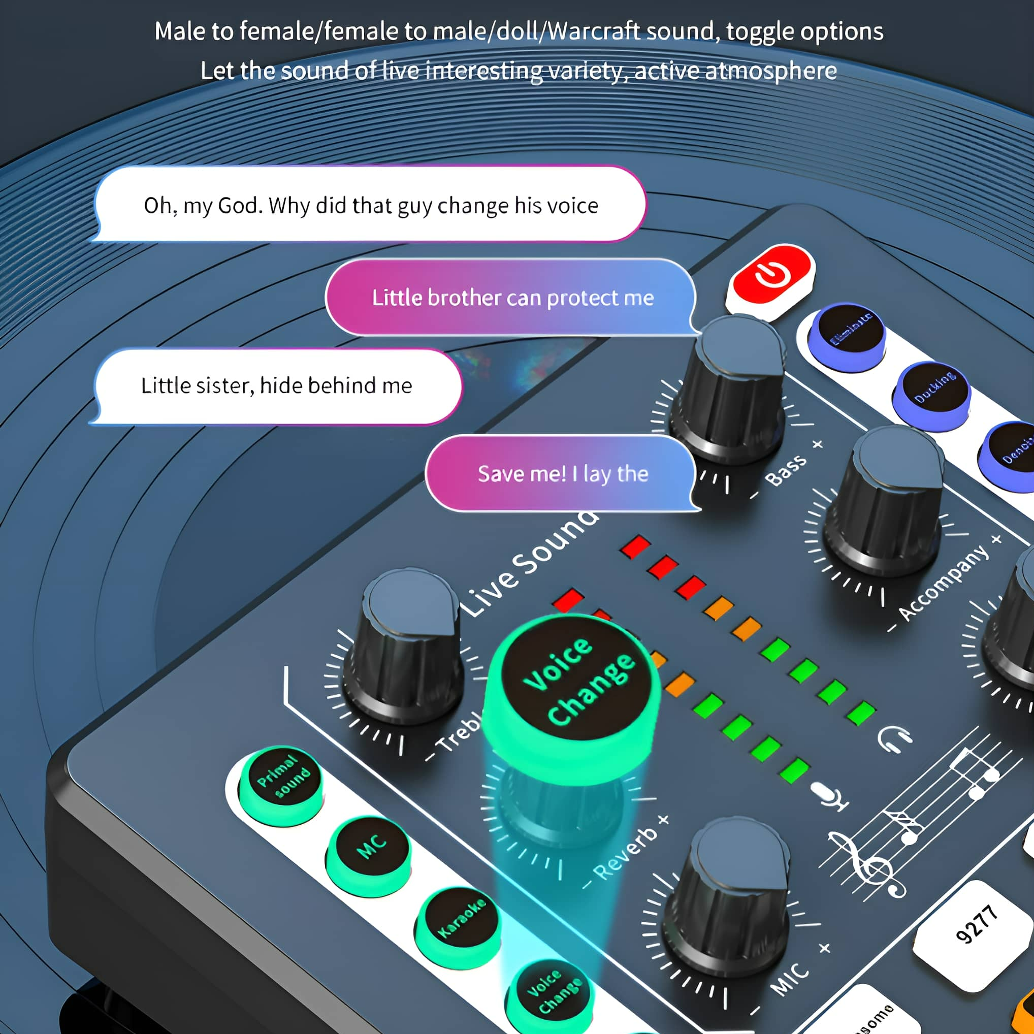 Audiomixer mit Sprachwechselfunktionen und Sprechblasen mit Text auf schwarzer Oberfläche.