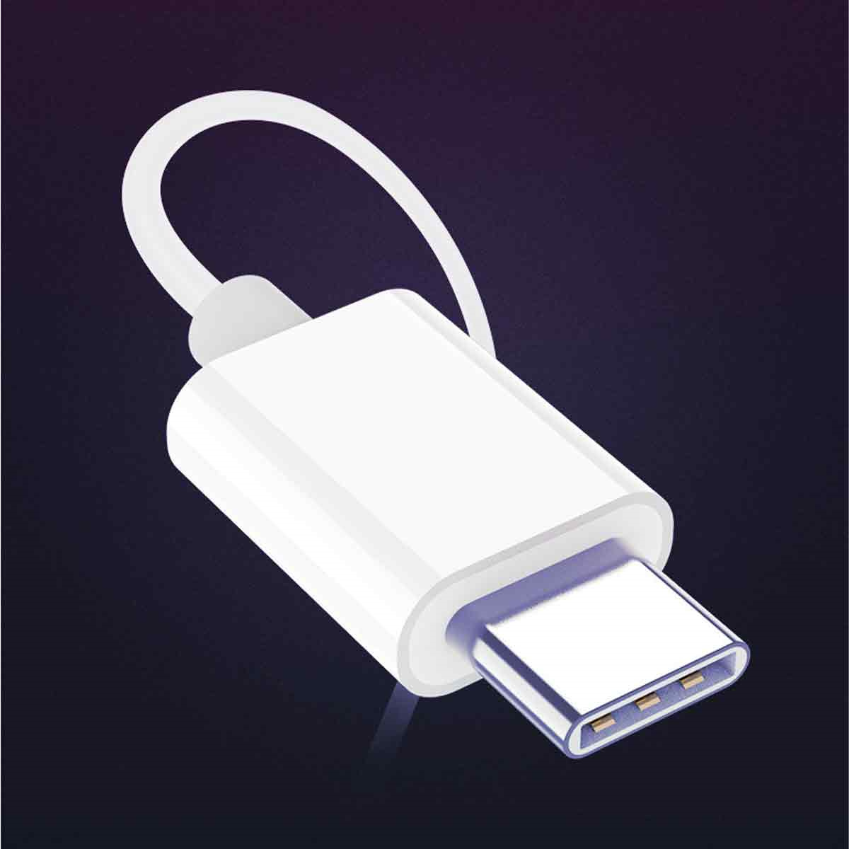 Weißer USB-C-Anschluss mit einer weißen Schlaufe. Der Anschluss befindet sich auf dunklem Hintergrund.