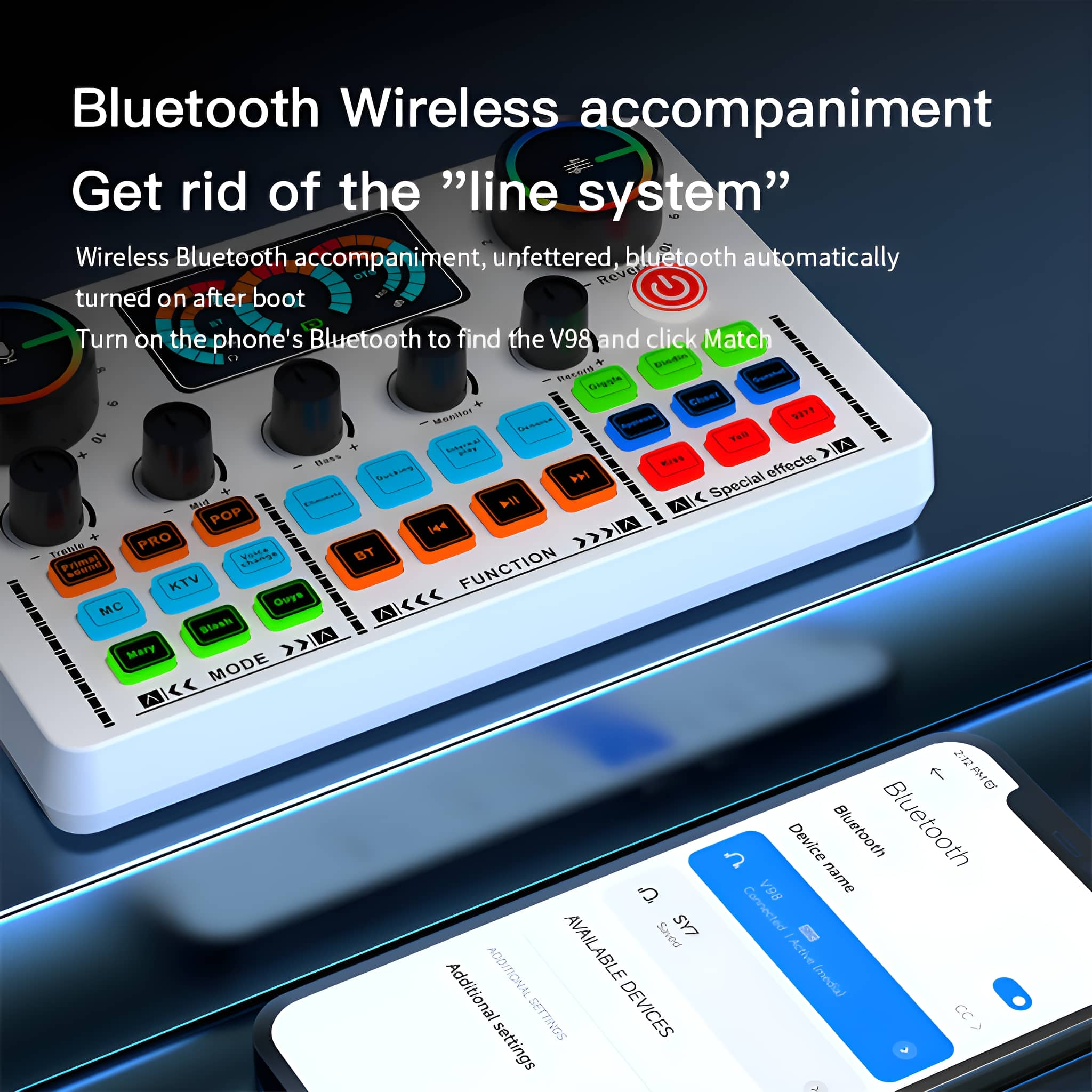 Ein Gerät mit Knöpfen und Bildschirm, verbunden mit einem Telefon. Telefon zeigt Bluetooth-Menü.