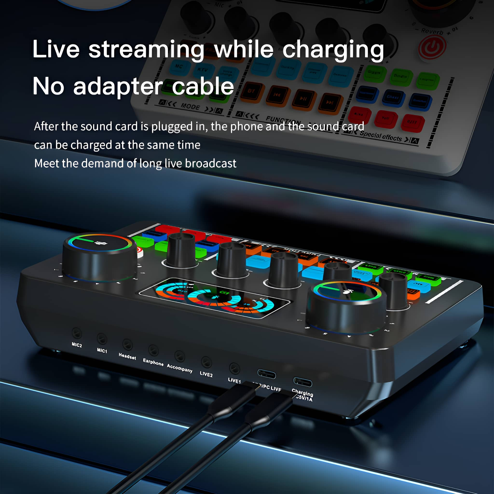 Schwarze Soundkarte mit mehreren Knöpfen und einem Display. Kabel sind angeschlossen.
