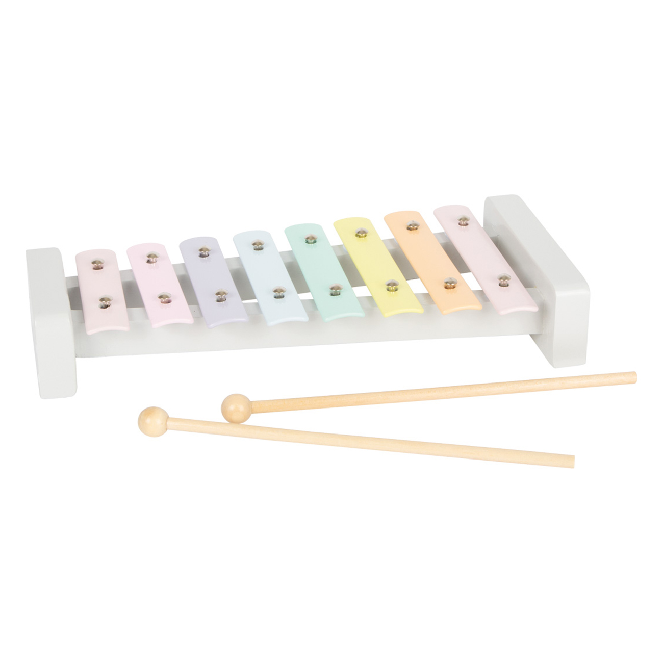 Ein Spielzeug-Xylophon mit pastellfarbenen Tasten und Holzschlägeln, weißer Hintergrund.