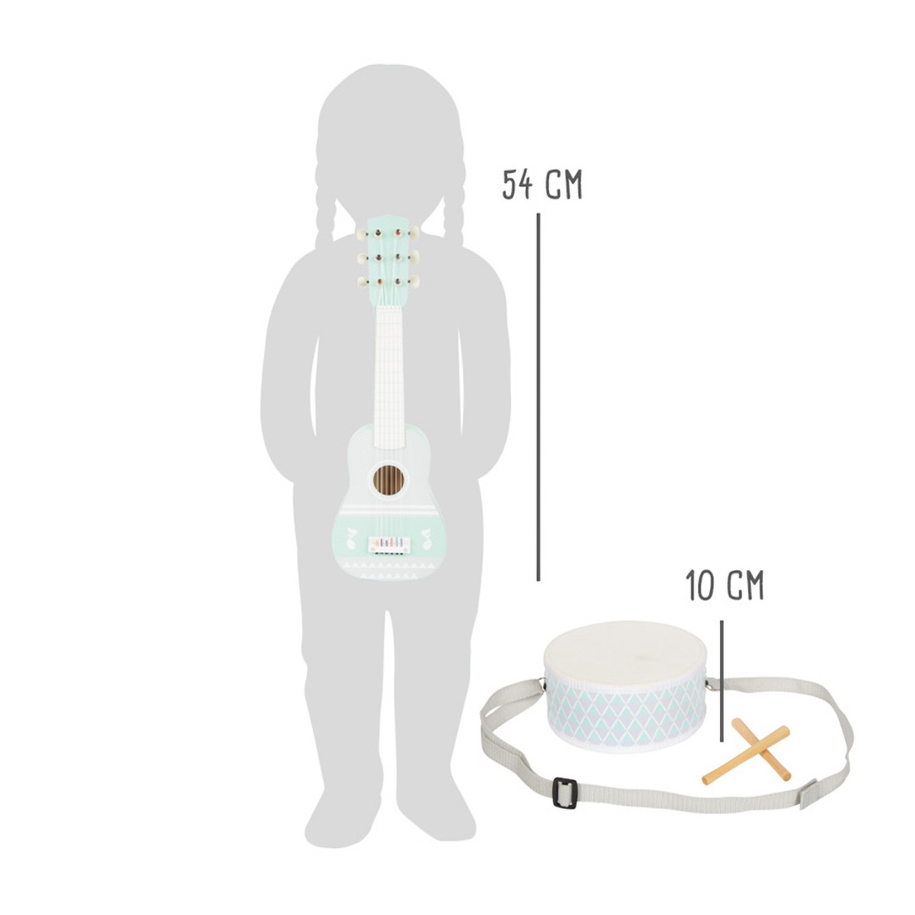 Kindersilhouette mit Spielzeuggitarre und Schlagzeug. Abmessungen für Gitarre und Trommel angegeben.