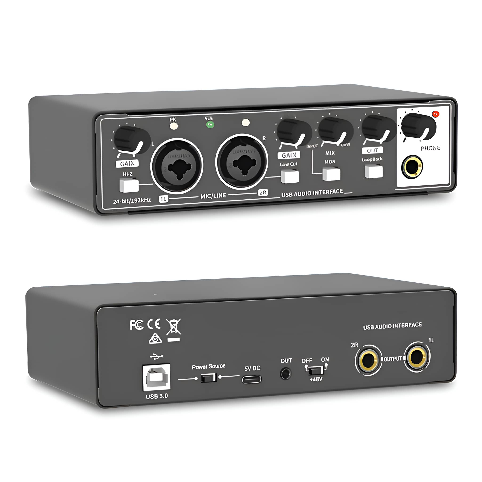 Ein schwarzes USB-Audiointerface mit Knöpfen und Anschlüssen, das eine Vorder- und Rückansicht zeigt.