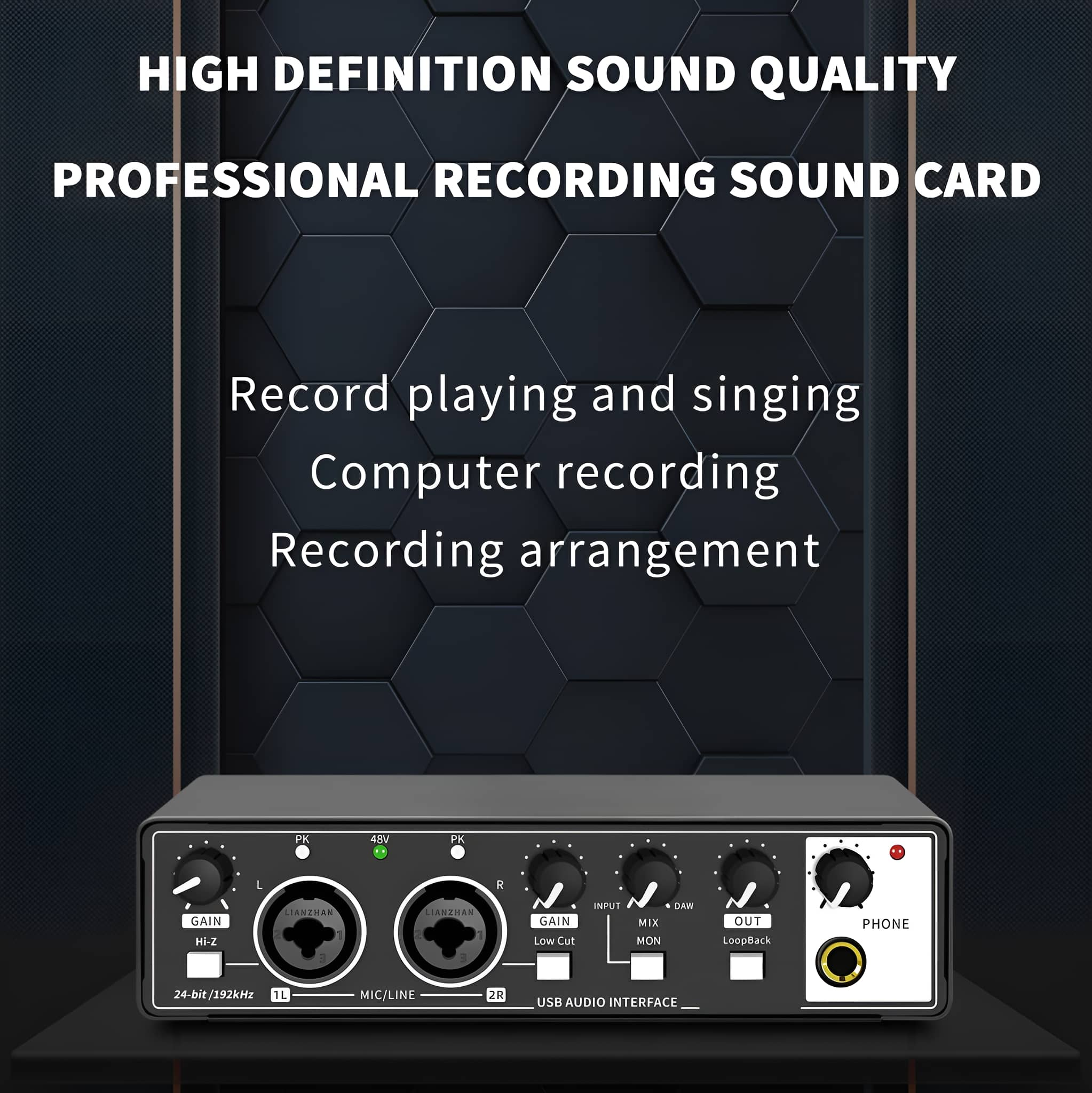 Ein schwarzes Audio-Interface mit vielen Knöpfen und einem weißen Etikett. Text oben: High Definition.