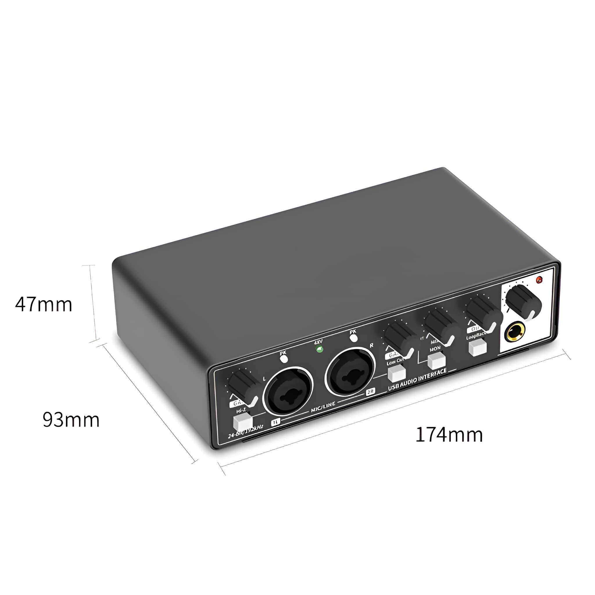 Ein schwarzes Audio-Interface mit Knöpfen, Eingängen und Ausgängen. Maße werden angezeigt.
