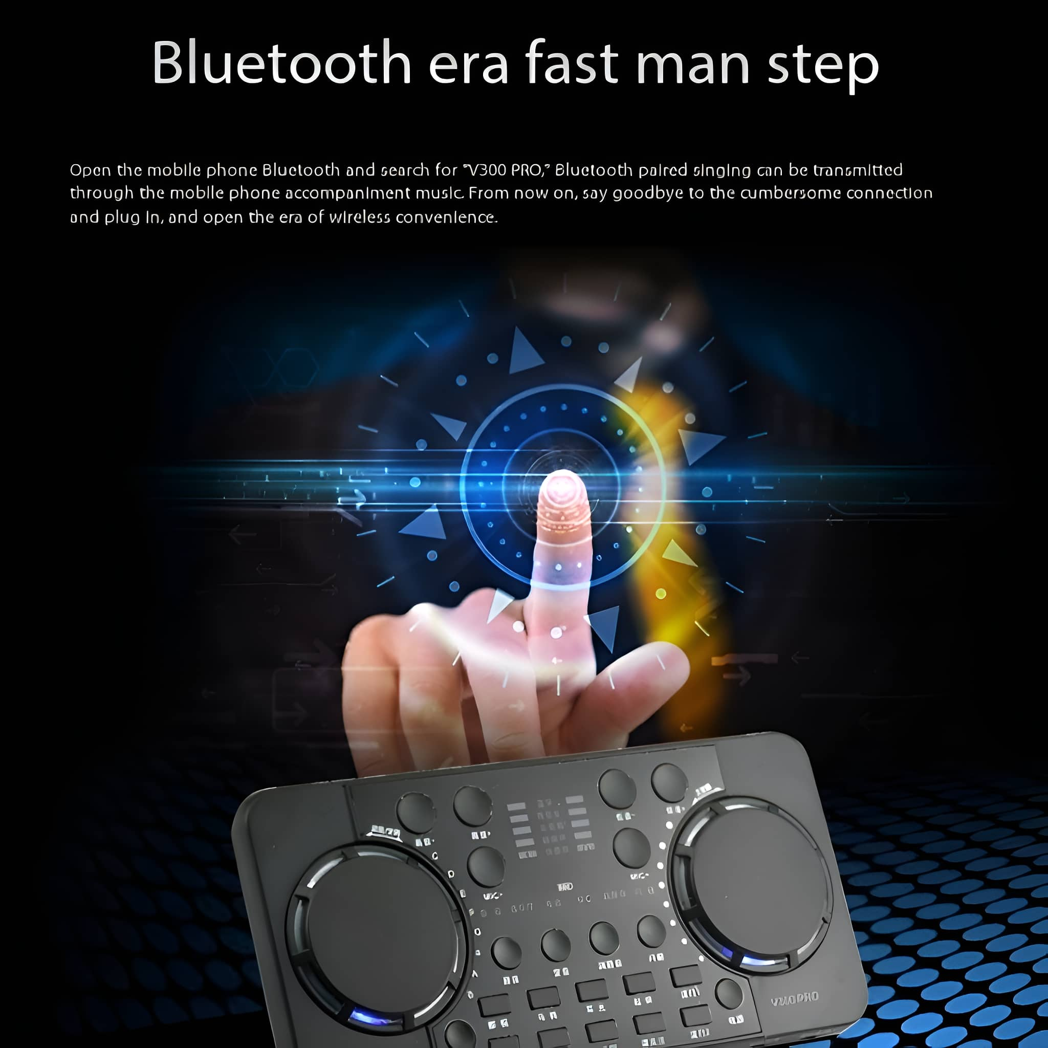 Ein Finger berührt einen blau leuchtenden Kreis über einer Karaoke-Maschine.