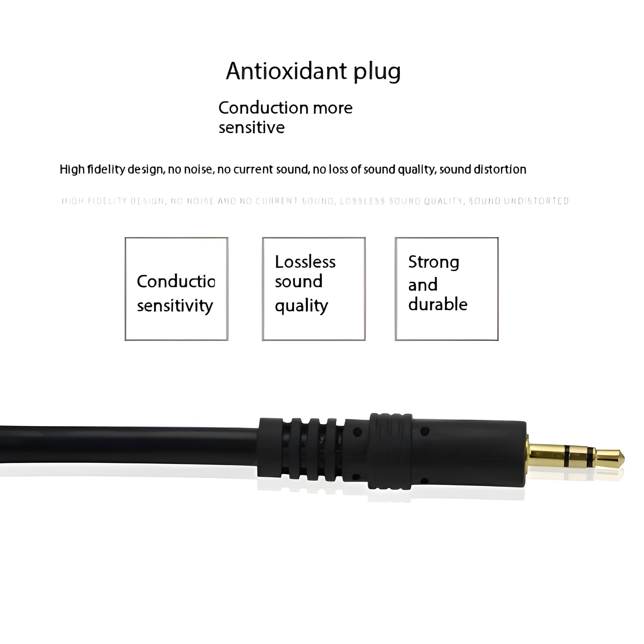 Ein schwarzes 3,5-mm-Audio-Kabel mit Text, der seine Eigenschaften beschreibt.