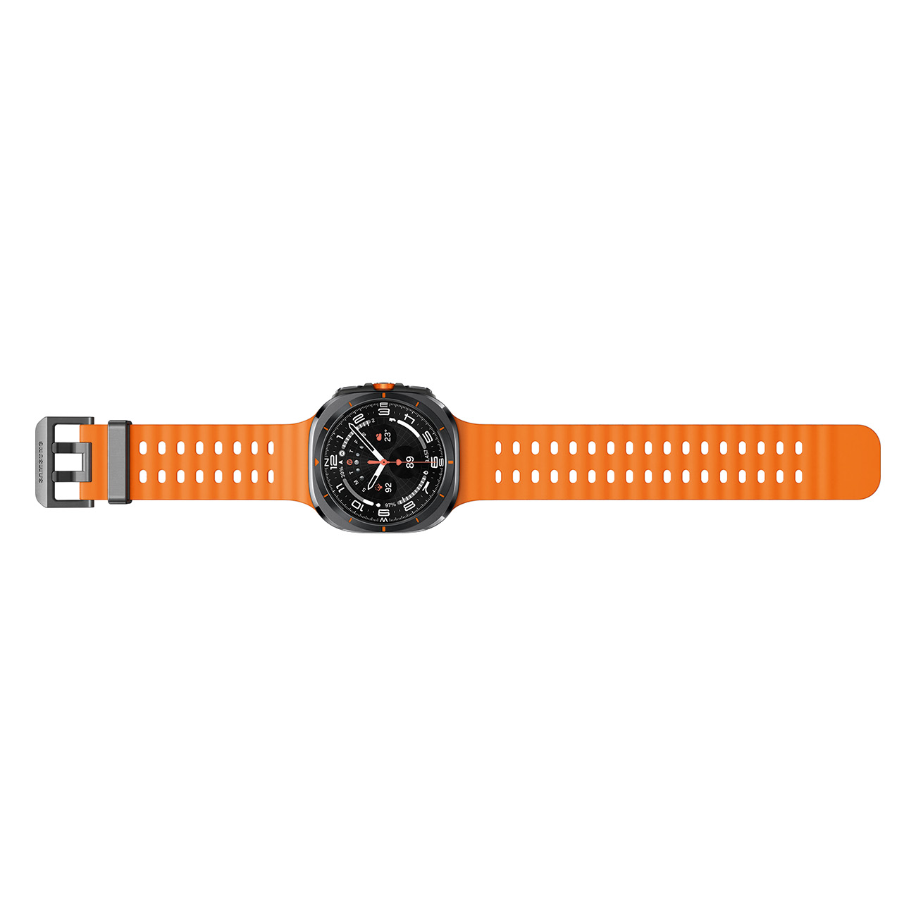 Pomarańczowy smartwatch z czarną ramką i paskiem, widok z góry, na białym tle.