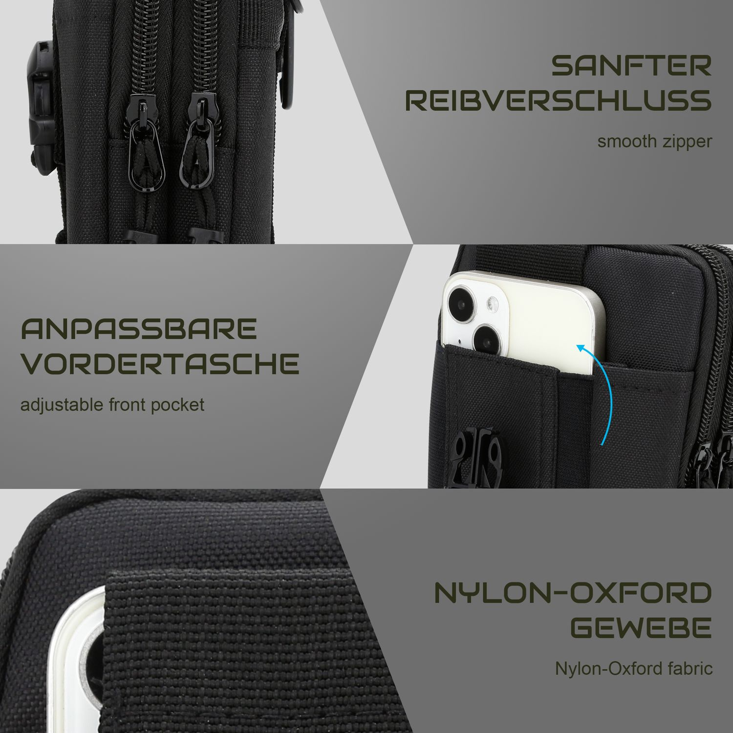 Primo piano dei dettagli della borsa nera: cerniere, tasca regolabile, tessuto di nylon e telefono. Etichette tedesche.