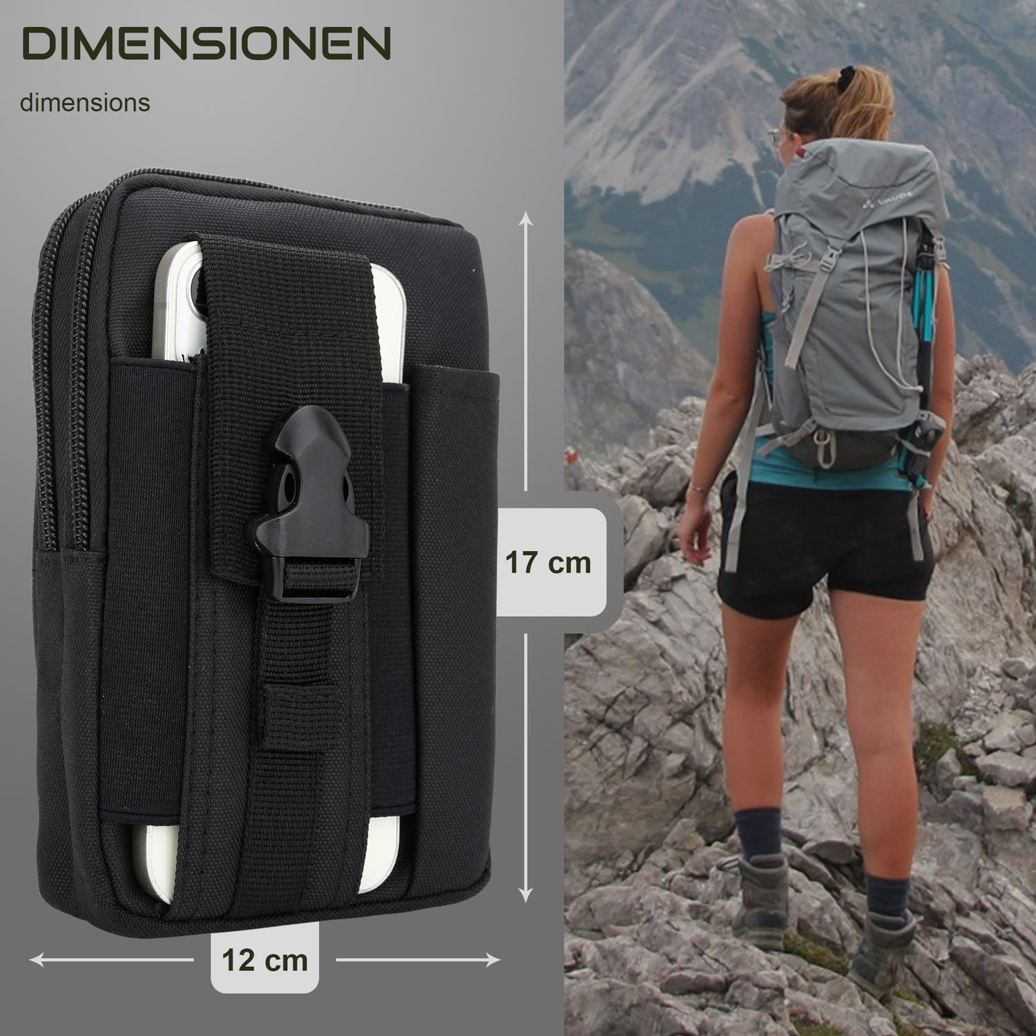 Borsa nera con telefono, dimensioni 12x17cm, accanto a donna che fa escursioni in montagna, con zaino.