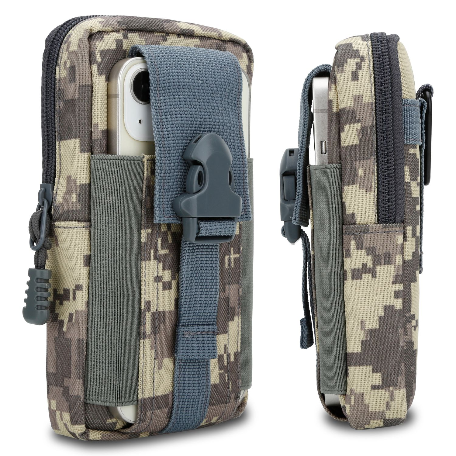 Camouflage-Telefontasche mit Telefon, zwei Ansichten. Inklusive Gurt und Schnalle.