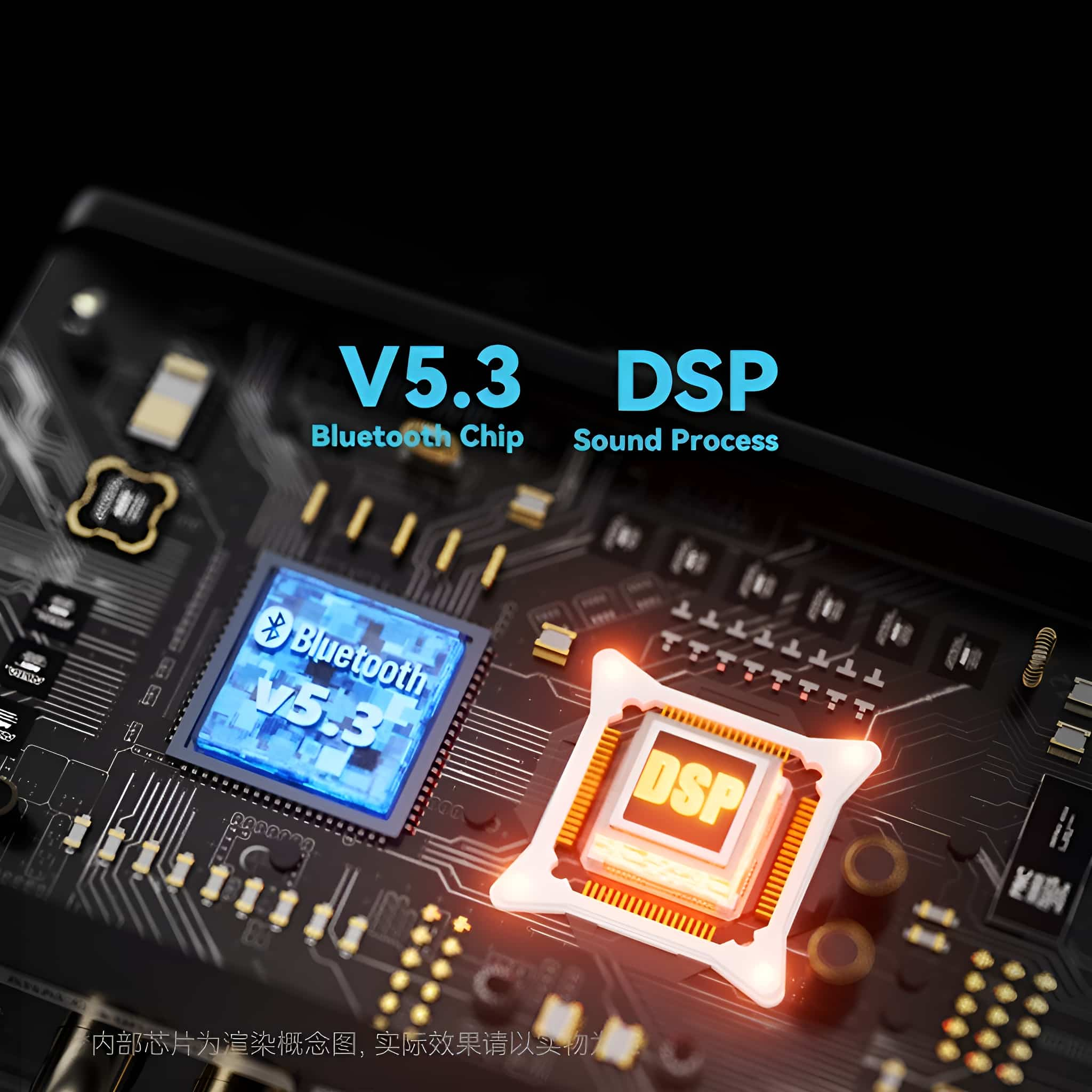 Nahaufnahme einer Leiterplatte. Zeigt Bluetooth- und DSP-Chips. Text zeigt V5.3 und Soundprozess an.