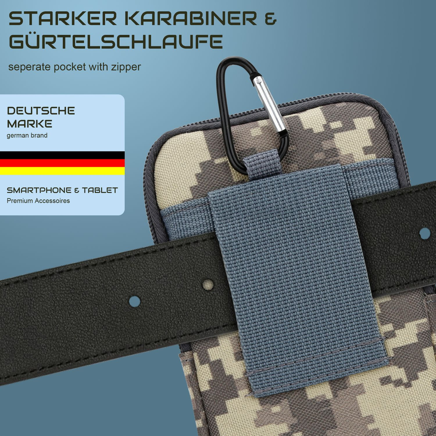 Camouflage-Tasche mit Karabiner und Gürtelschlaufe, deutsches Markenetikett, hält einen Gürtel.