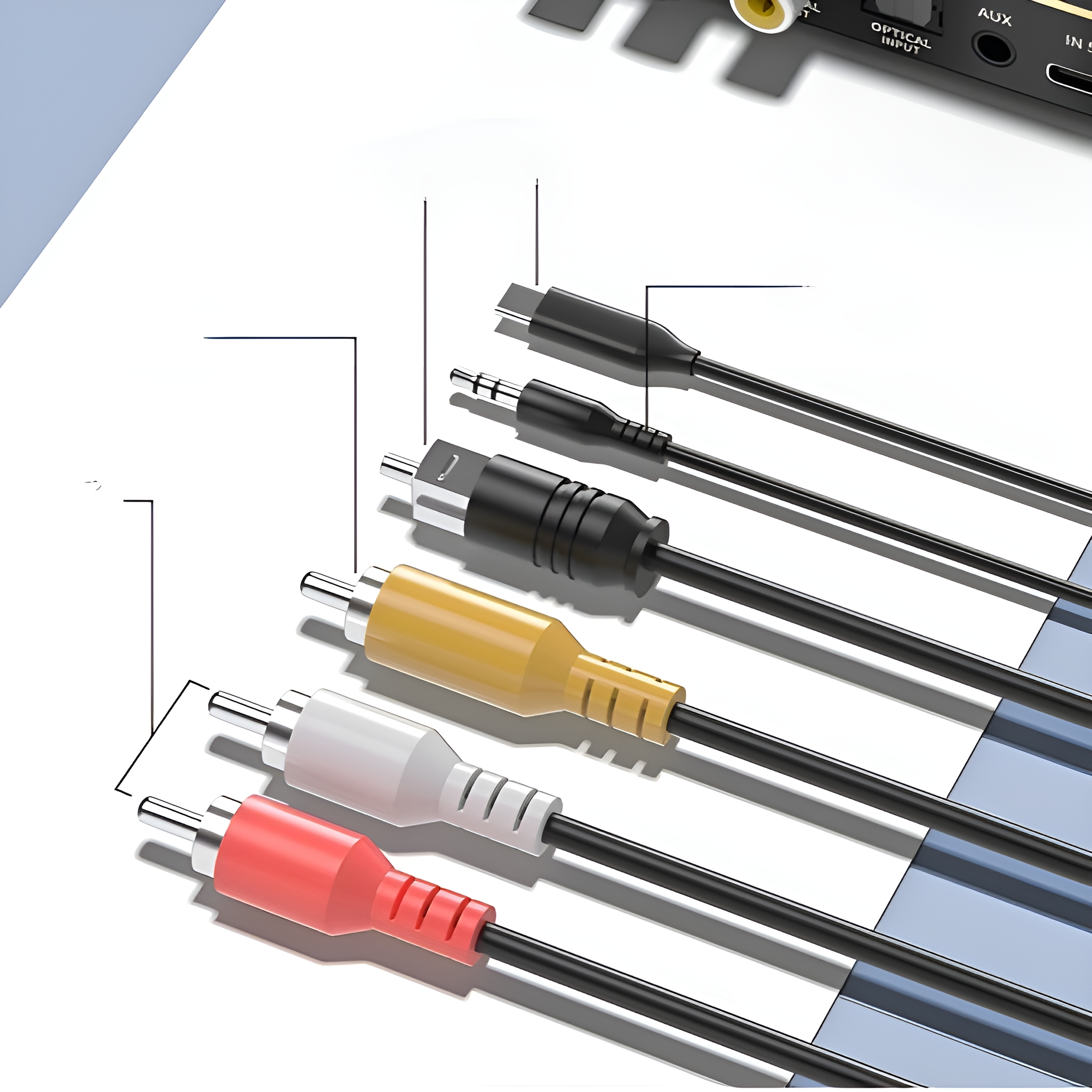 Nahaufnahme verschiedener Audiokabel, darunter USB-C, Cinch- und 3,5-mm-Klinkenstecker.