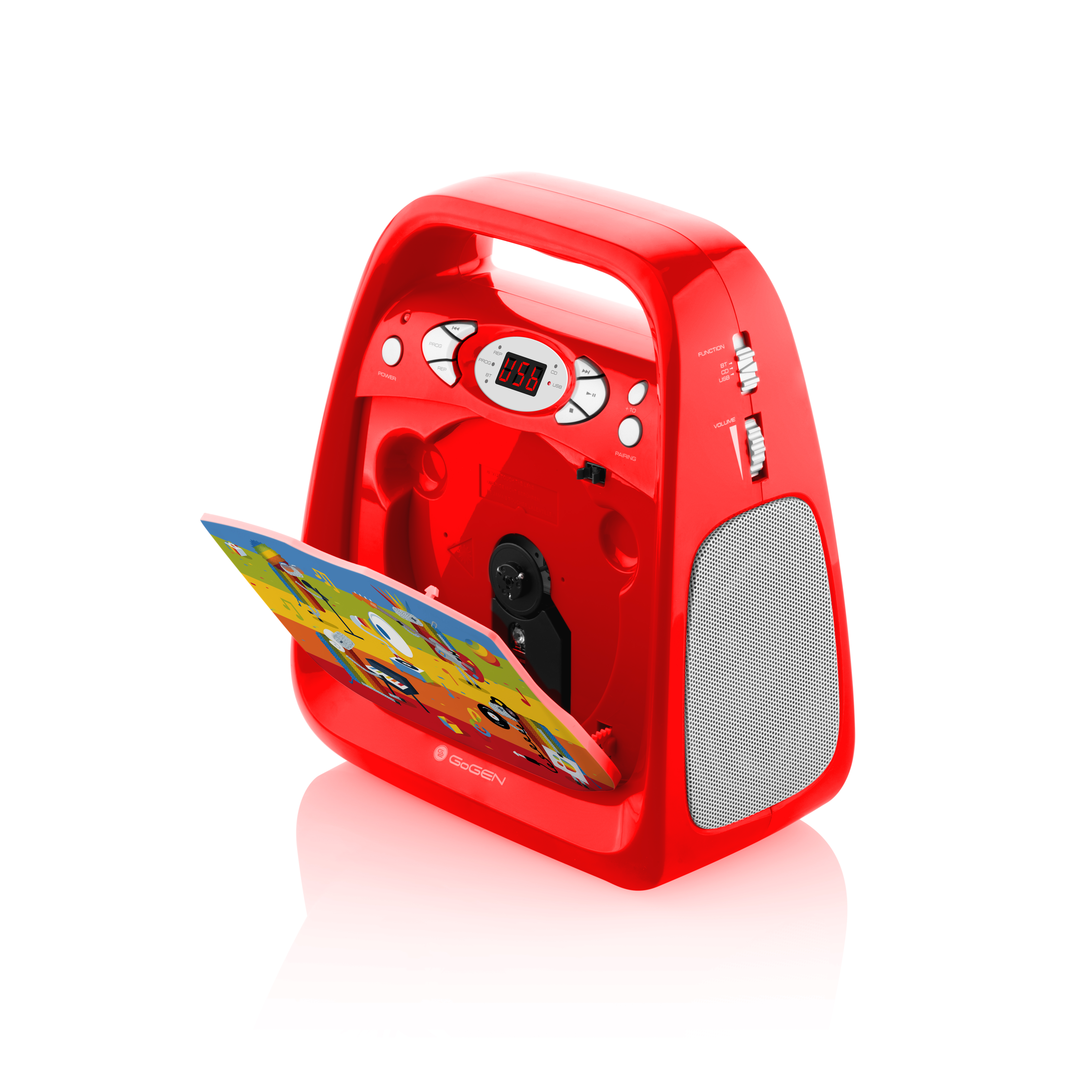 Ein roter tragbarer CD-Player mit Griff, Bedienelementen und einem CD-Fach.