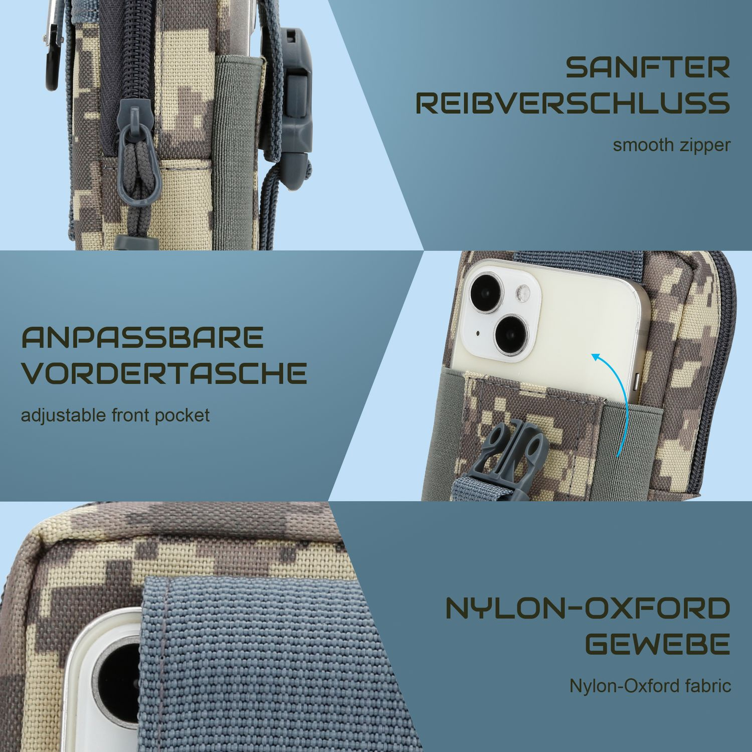Nahaufnahme der Camouflage-Tasche: Reißverschlüsse, verstellbare Tasche, Nylongewebe und Telefon. Details.