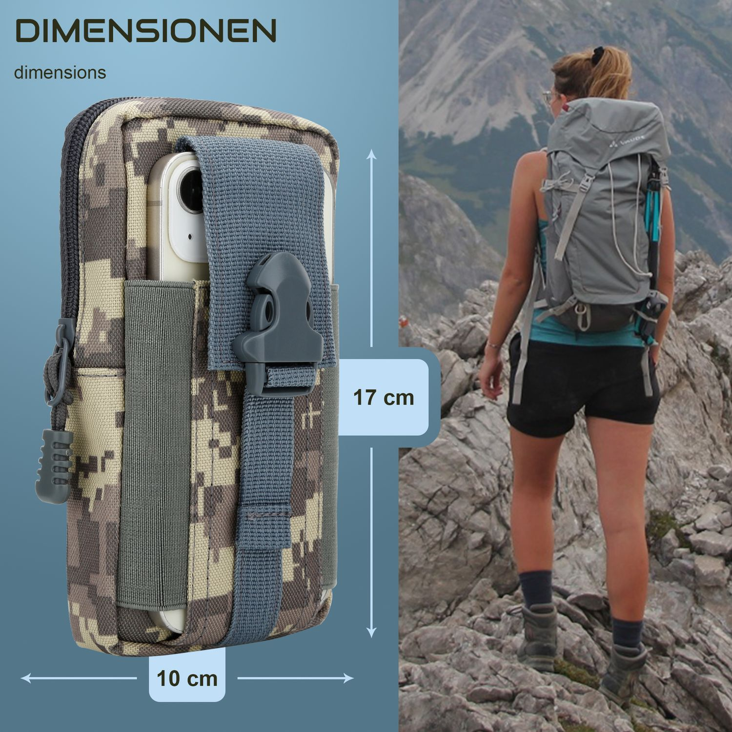 Camouflage-Tasche mit Telefon, Maße 10x17cm, neben einer Wanderin mit Rucksack auf einem Berg.