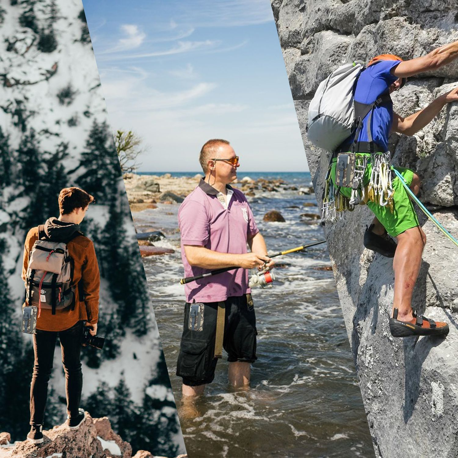 Drei Personen: eine wandert, eine angelt, eine klettert. Alle tragen Camouflage-Taschen.