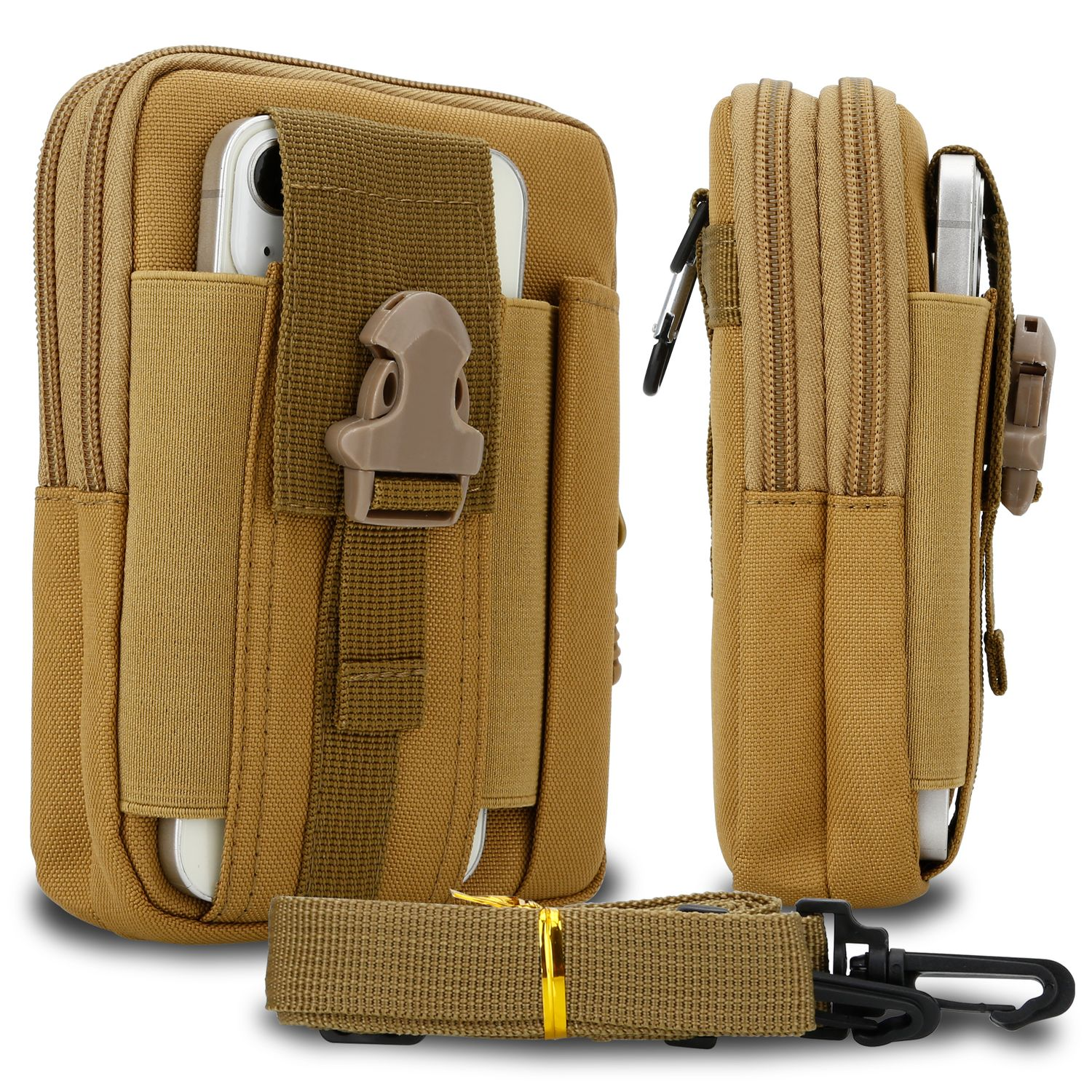 Beige Telefontasche mit Telefon, zwei Ansichten. Inklusive Gurt und Schnalle.