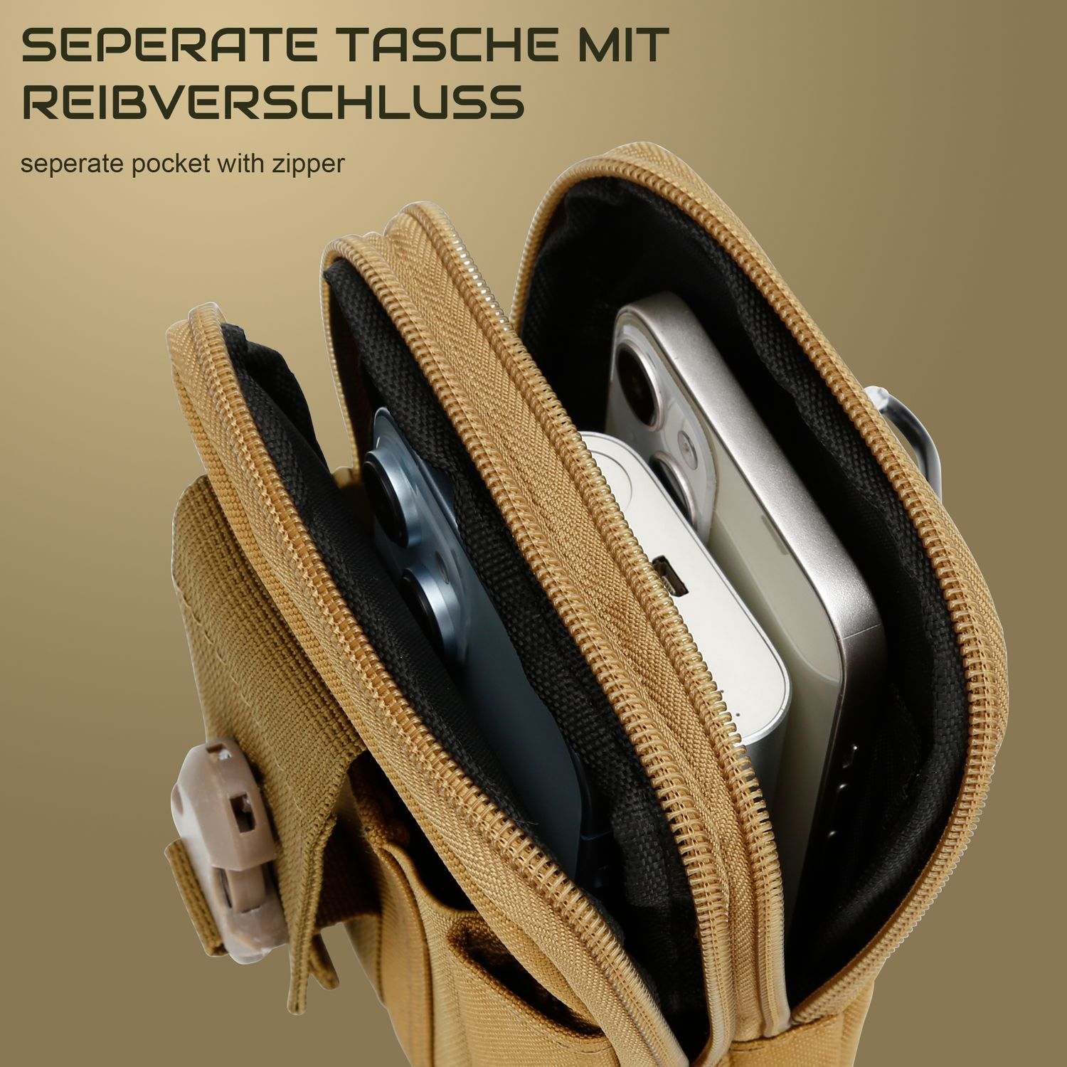 Nahaufnahme einer beigefarbenen Tasche mit offenem Reißverschluss, die ein Telefon und andere Gegenstände zeigt.