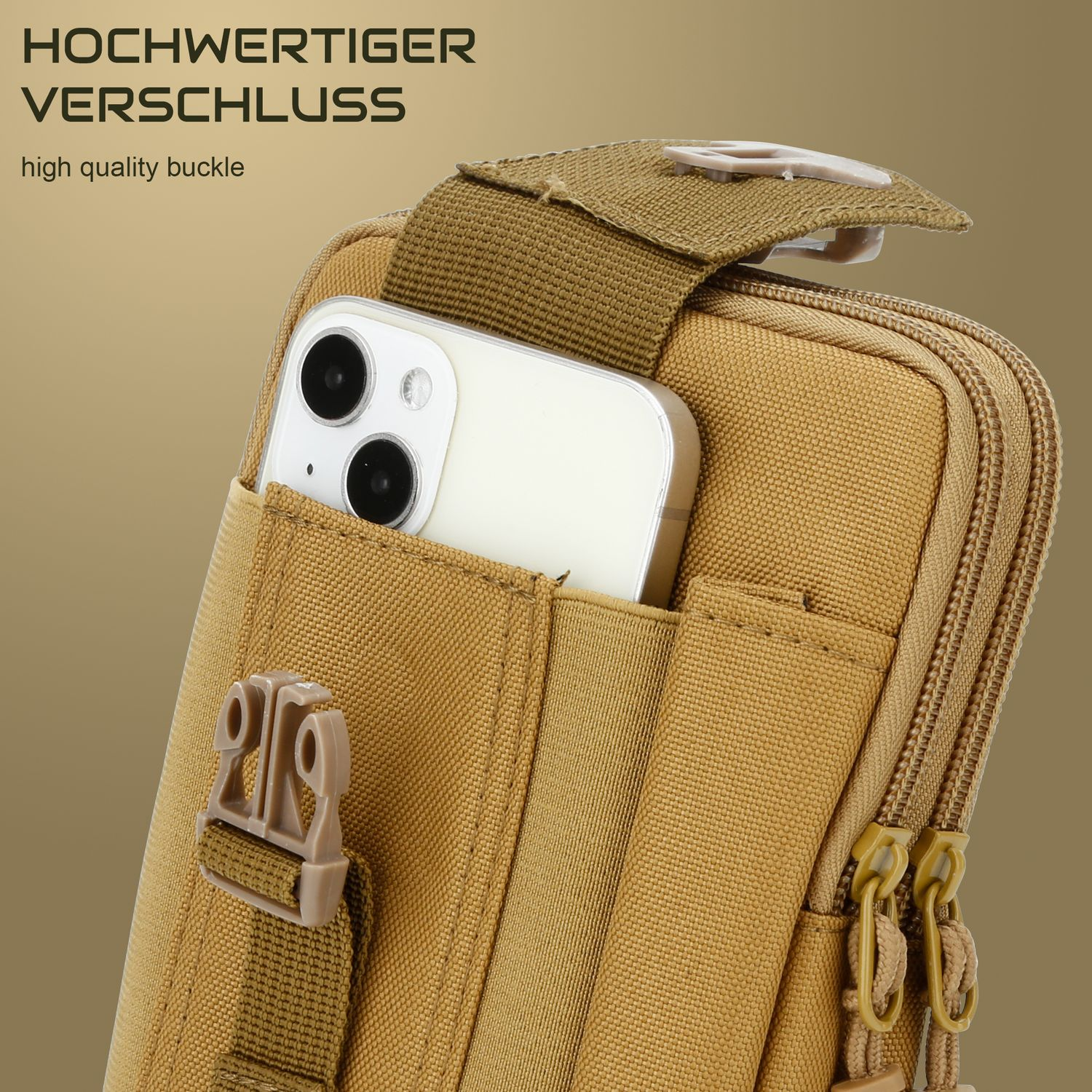Nahaufnahme einer beigefarbenen Tasche mit Telefon und Schnalle. Die Tasche ist oliv und beige.
