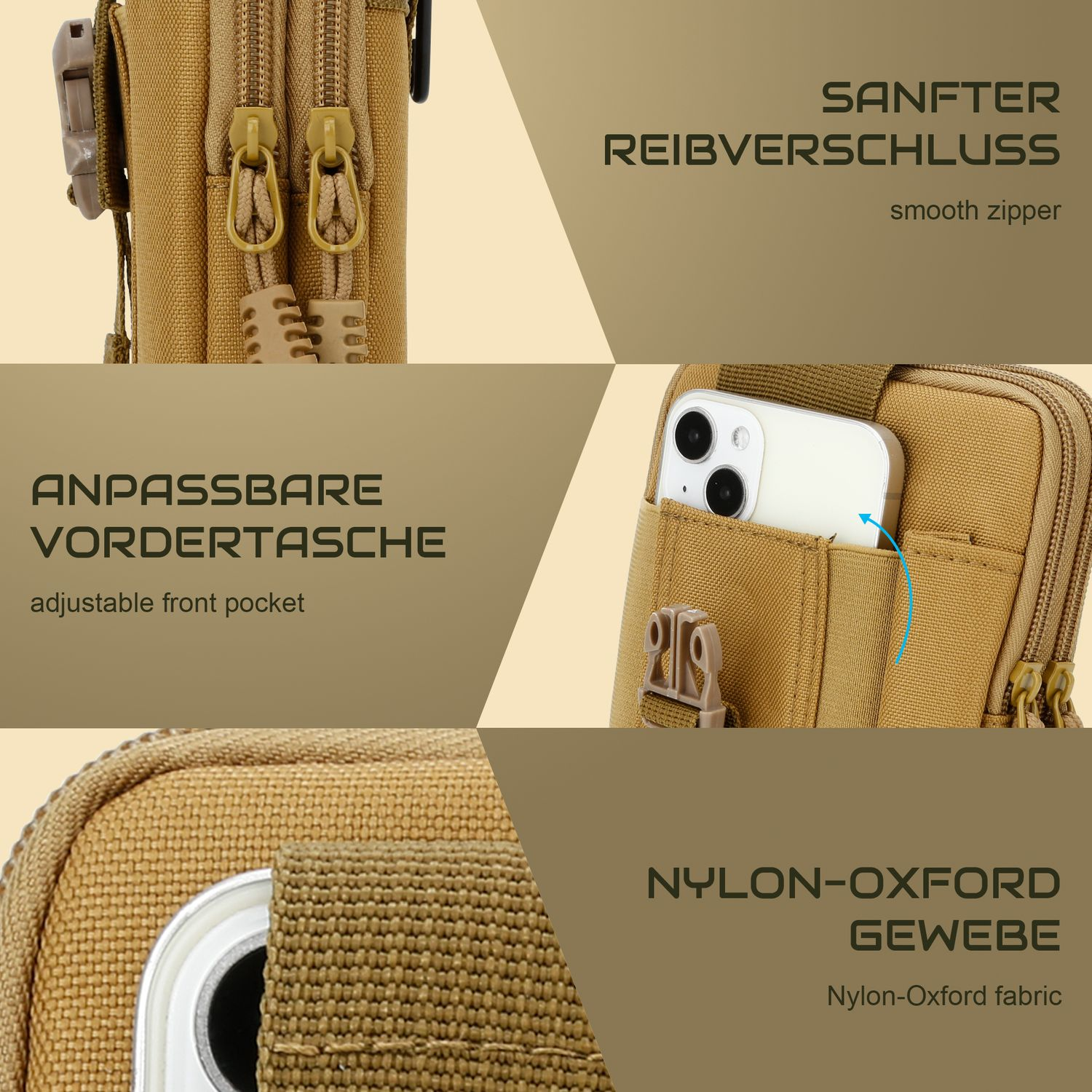 Nahaufnahme der beigefarbenen Tasche: Reißverschlüsse, verstellbare Tasche, Nylongewebe und Telefon. Details.