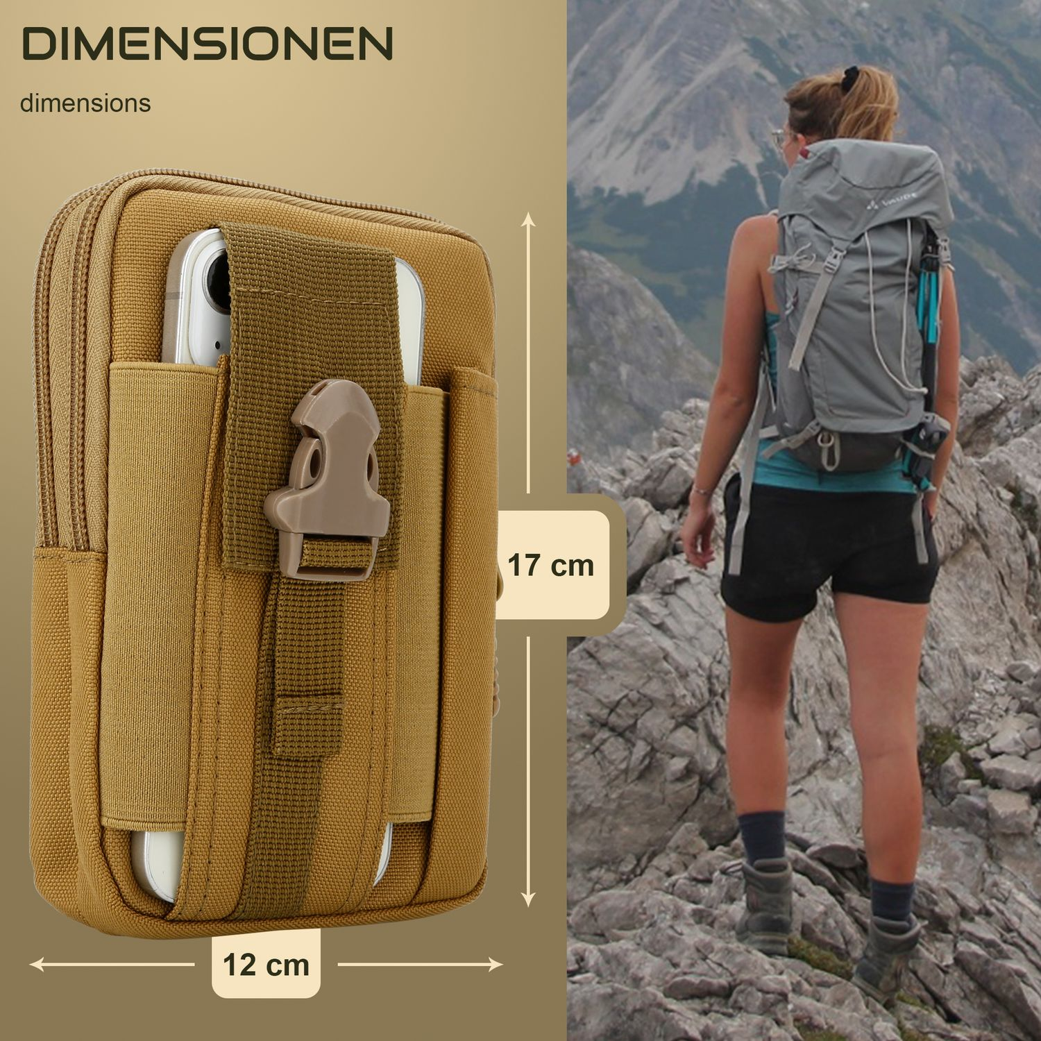 Beigefarbene Tasche mit Telefon, Maße 12x17cm, neben einer Wanderin mit Rucksack auf einem Berg.