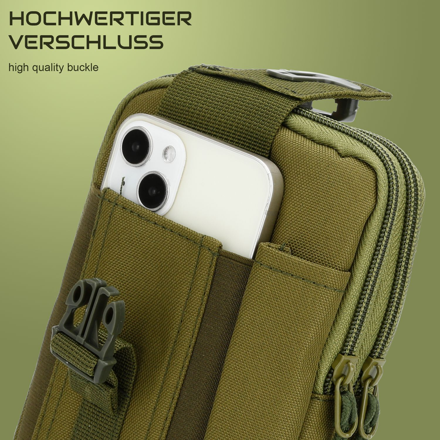 Grüne Handytasche mit Telefon. Text sagt hochwertige Schnalle.