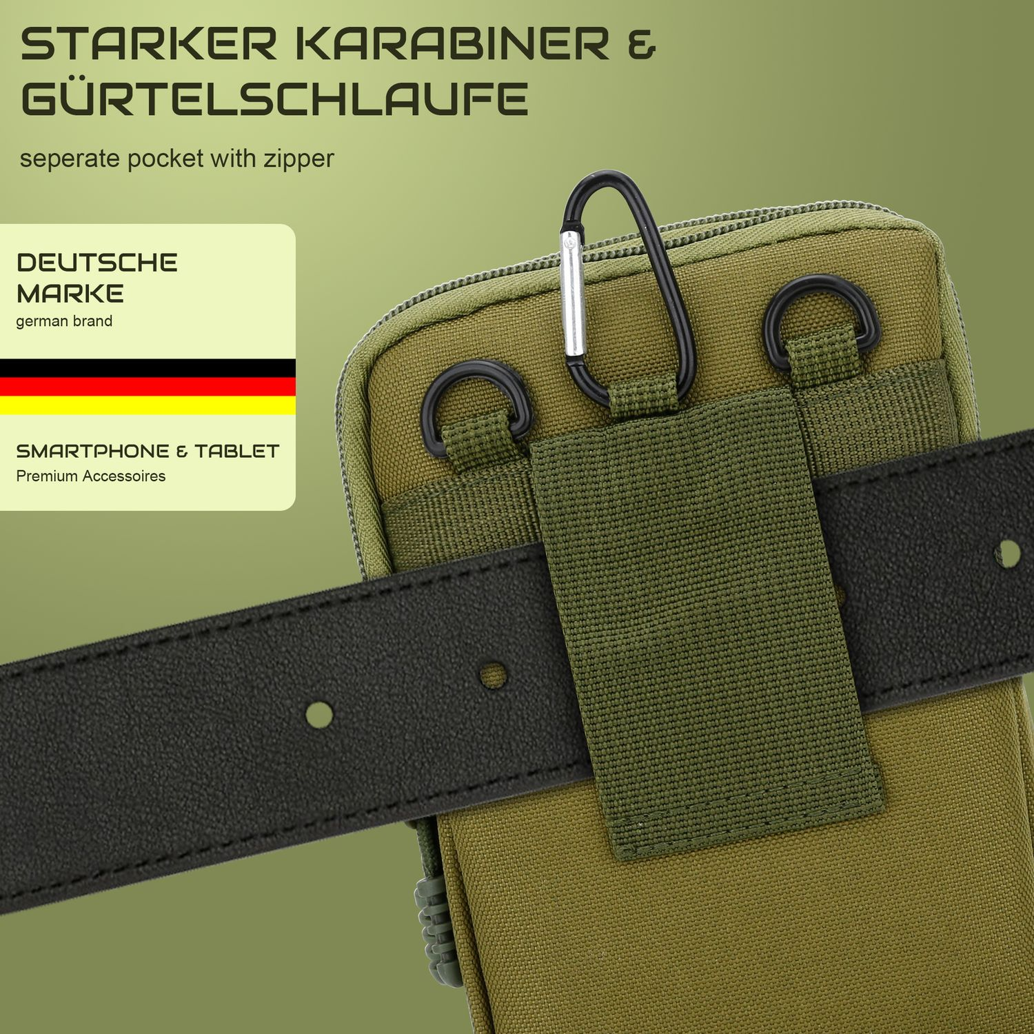 Grüne Handytasche mit Gürtel und Karabinerhaken. Text sagt deutsche Marke.