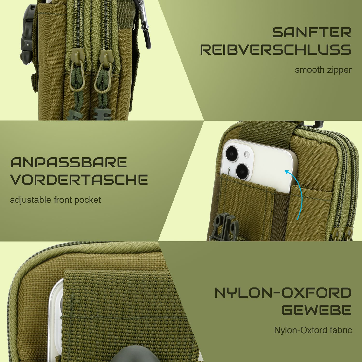 Grüne Handytasche mit Reißverschlüssen und Telefon. Text erwähnt Nylon-Oxford-Gewebe.