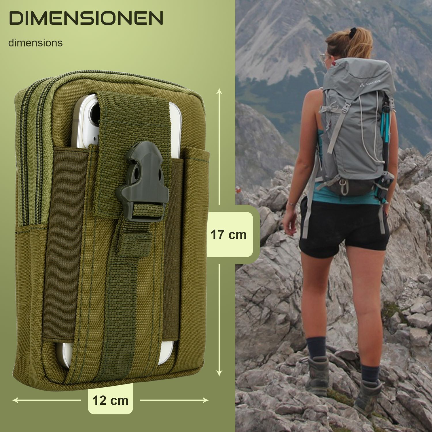Grüne Handytasche mit Telefon daneben eine Frau beim Wandern in den Bergen.